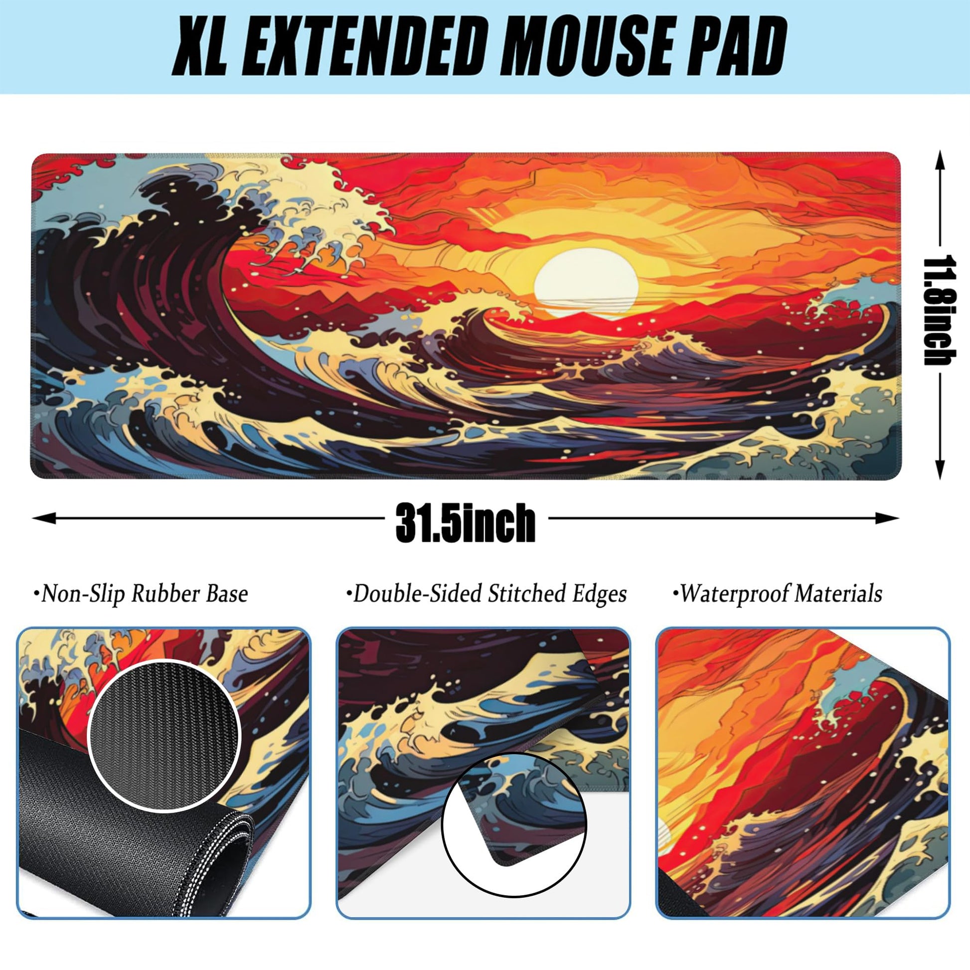 Large Gaming Mouse Pad for Desk,Ocean Waves at Sunset Desk Mat for Desktop,Rough Ocean Waves Desk