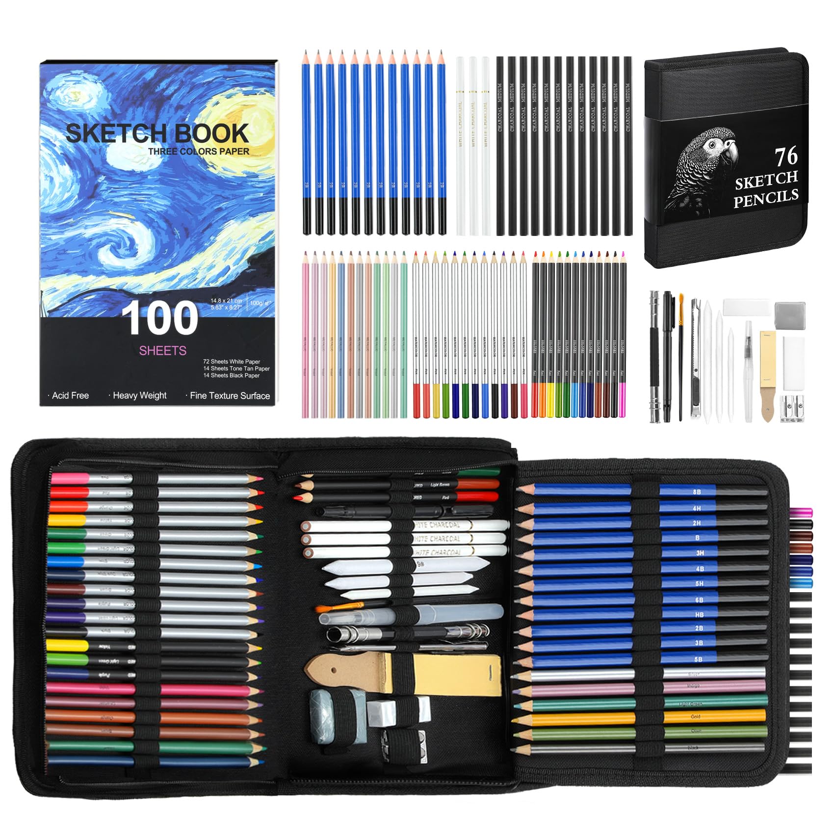 TMOL 76 Pack Art Supplies Sketching Kit, 100 Sheets 3-Color Sketchbook