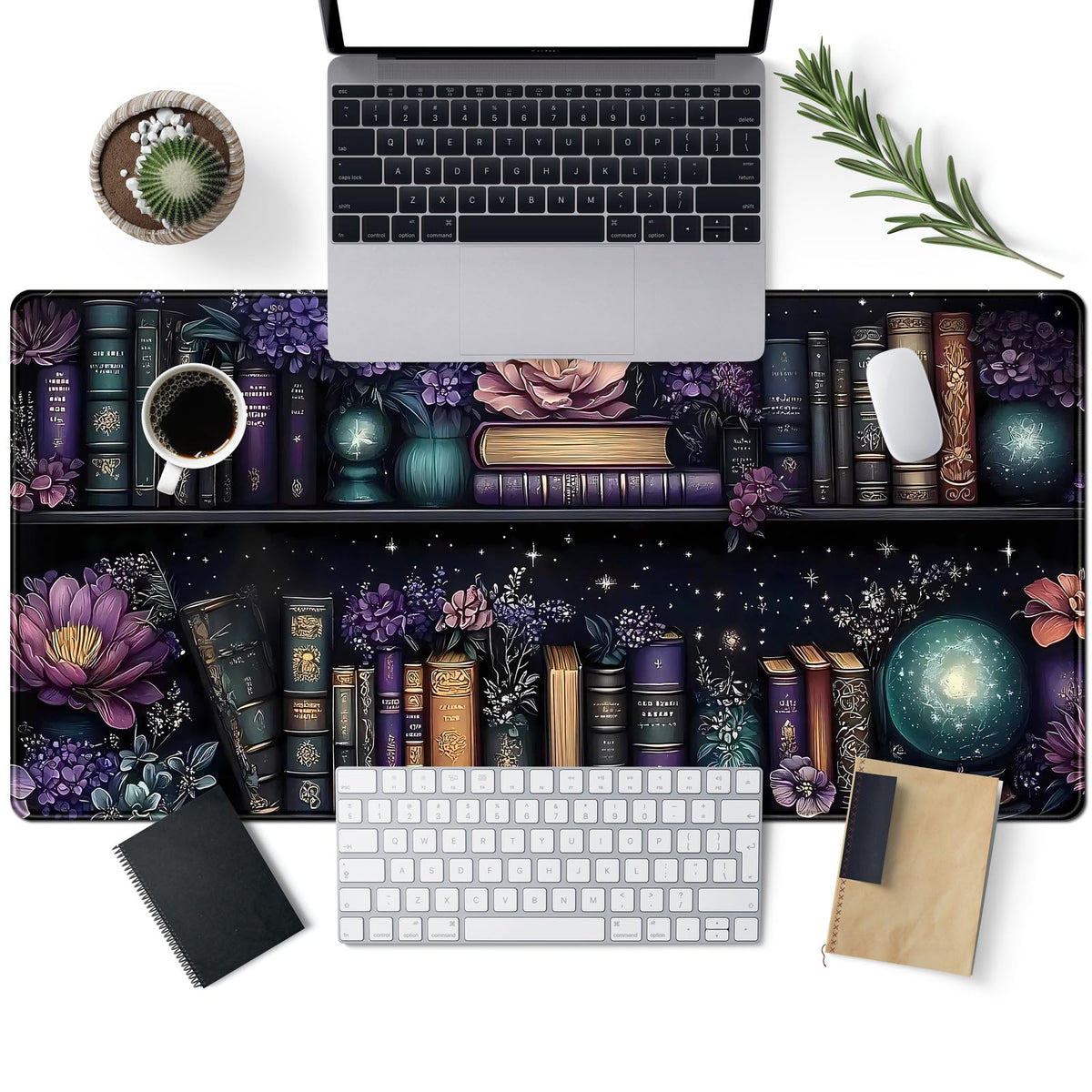 Purple Flowers Bookshelf Desk Mat Bookish Desk Pad Celestial Floral Books Large Mouse Pad XXL