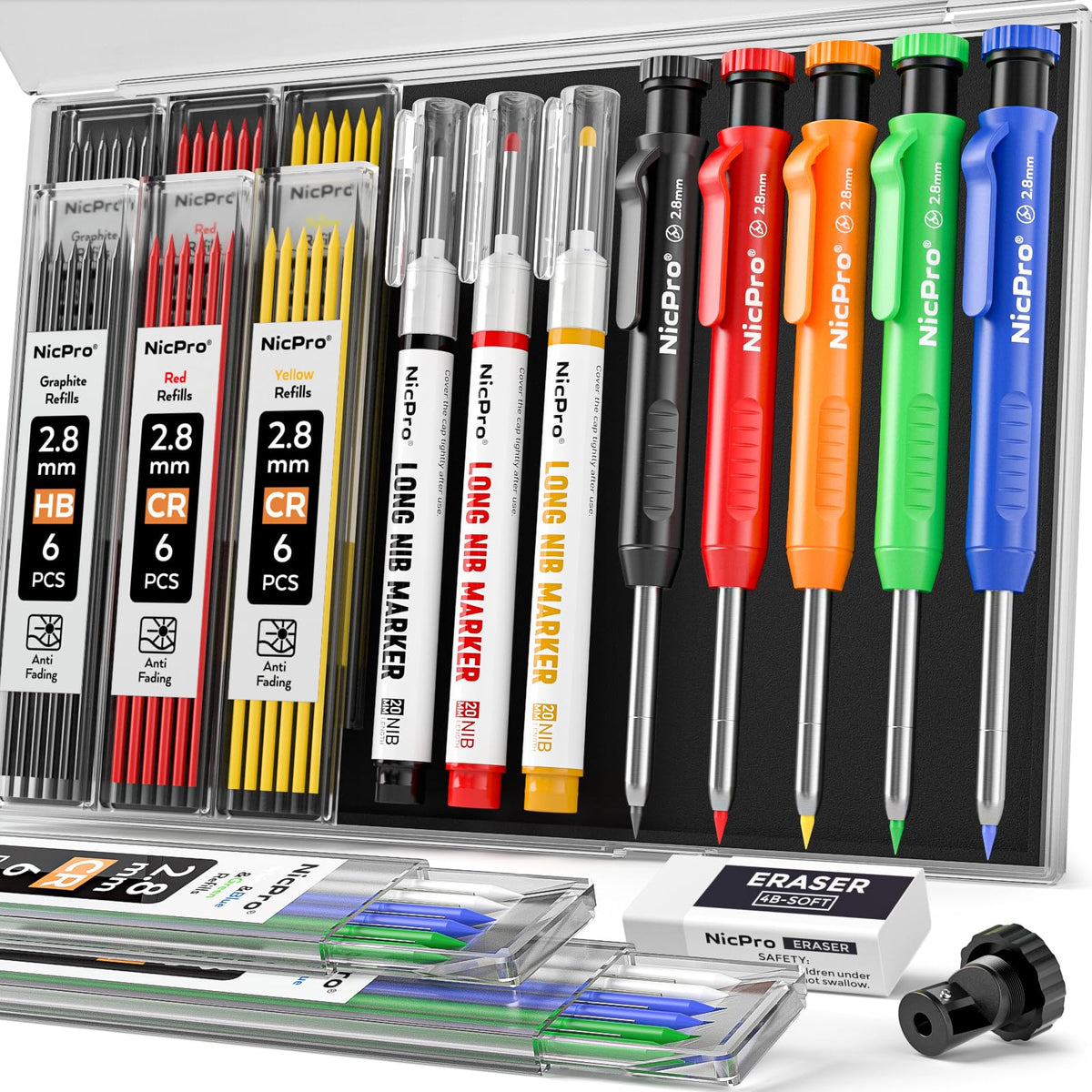 Nicpro CP1000 Carpenter Pencils with Sharpener, 5 Pack