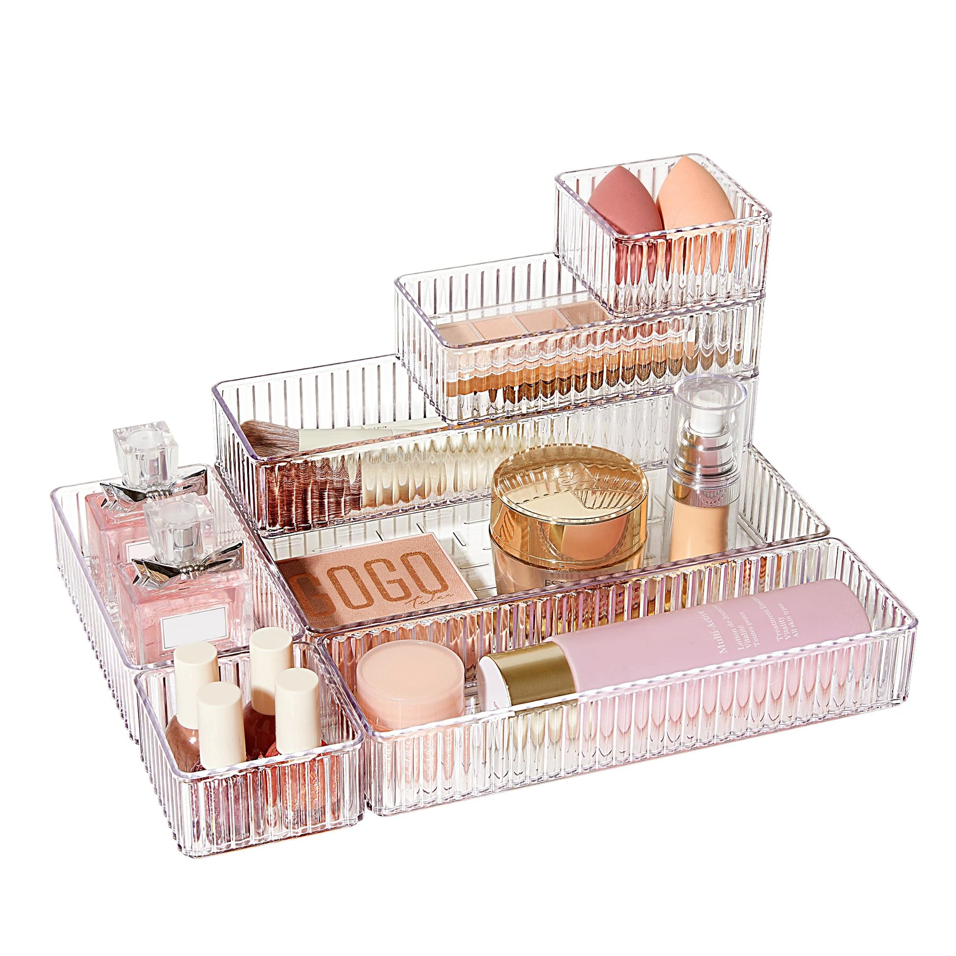 Vtopmart 7 PCS Clear Makeup Drawer Organizers Bins, 4-Size Stackable Makeup and Vanity Organizer