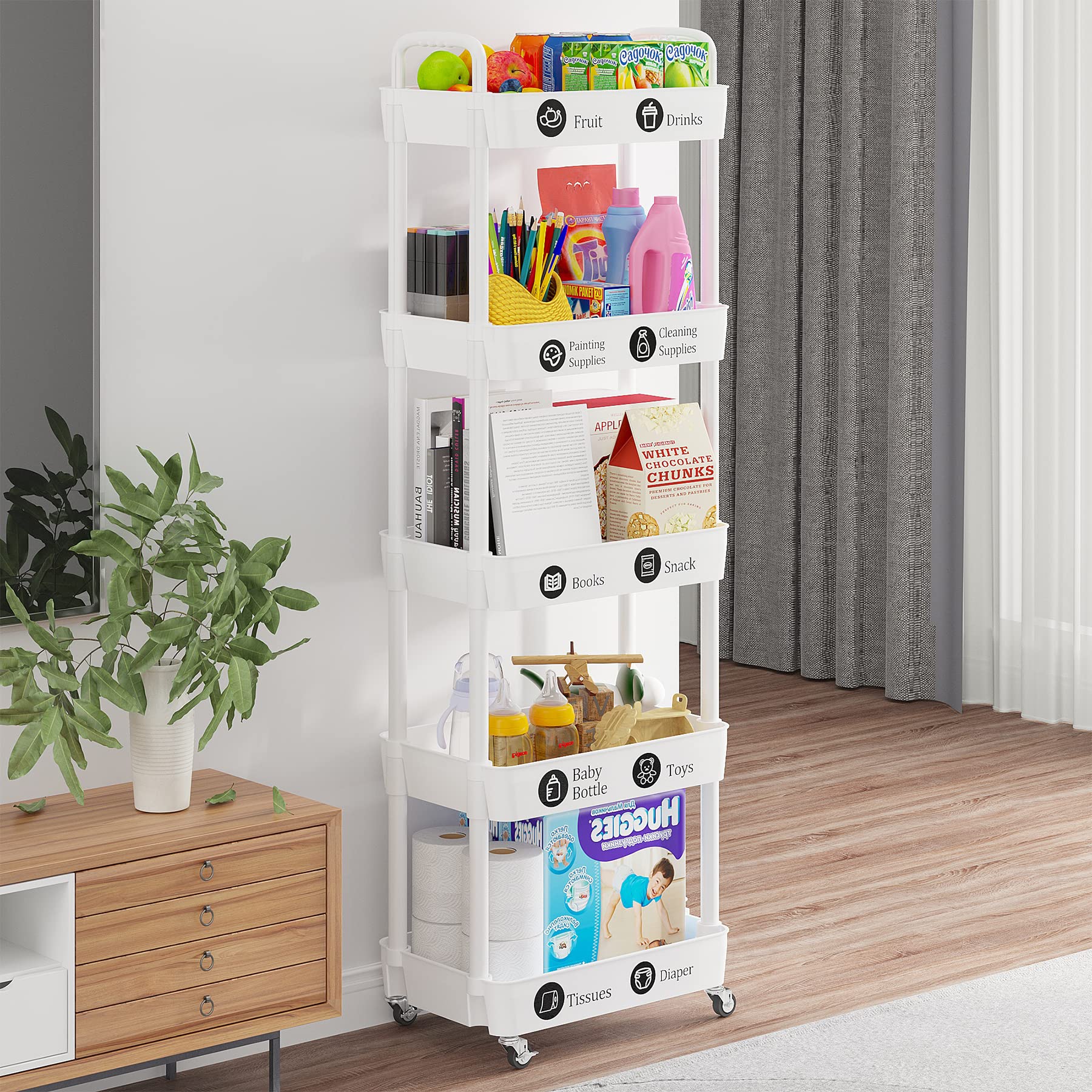 5 Tier Rolling Cart with Wheels, Utility Storage Carts,White