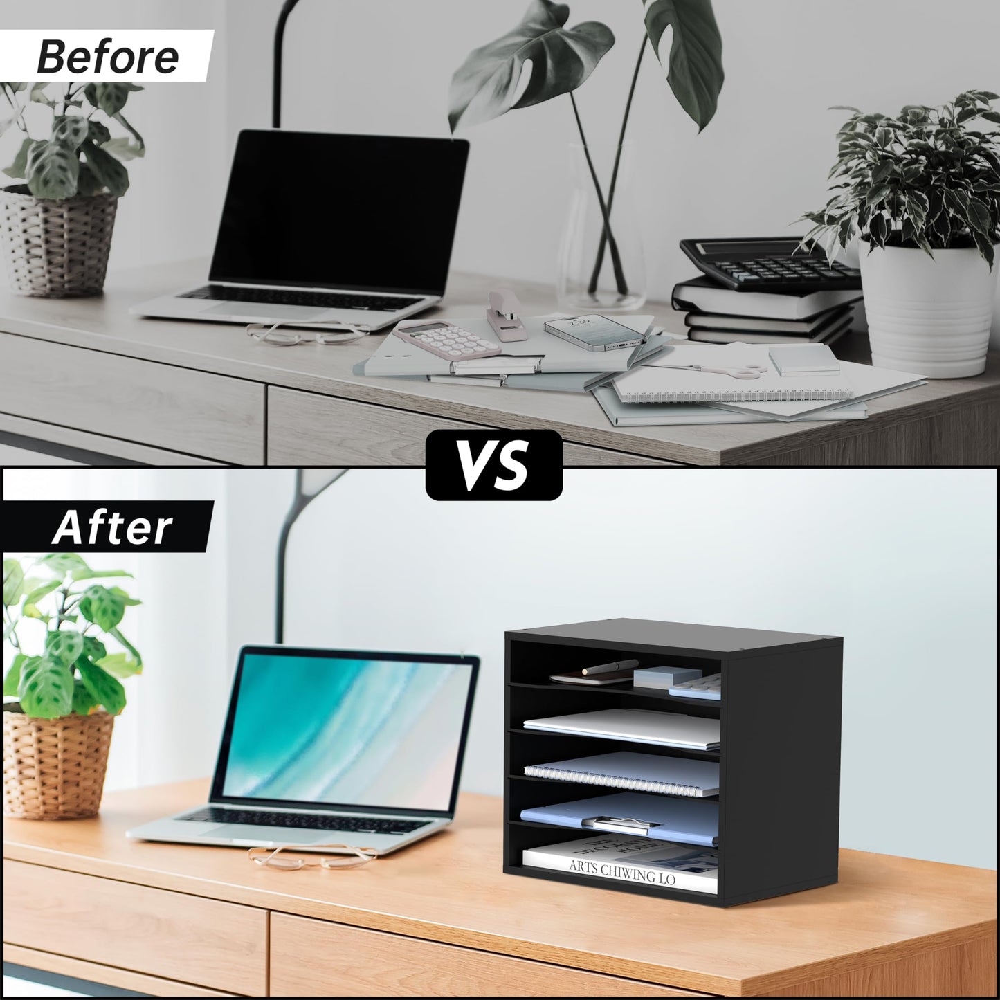 5 Tier Wood Desk Organizer, Mail Sorter and Paper Organizer for Desk, Black