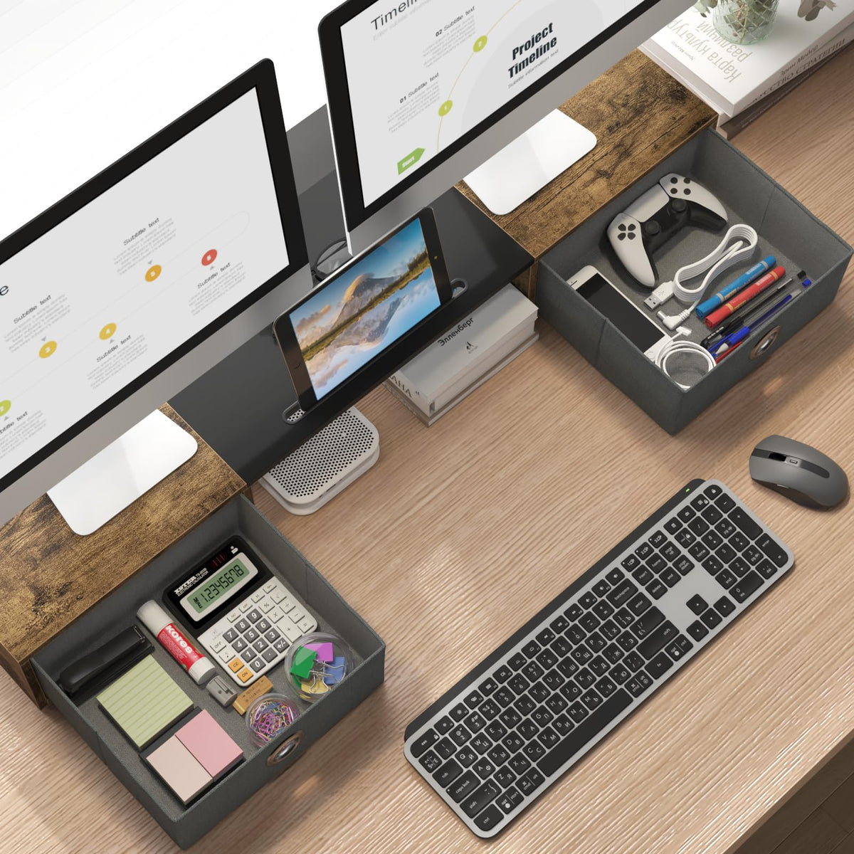 WESTREE Dual Monitor Stand Riser with Two Drawers, Extra Large Storage Monitor Stand for 2