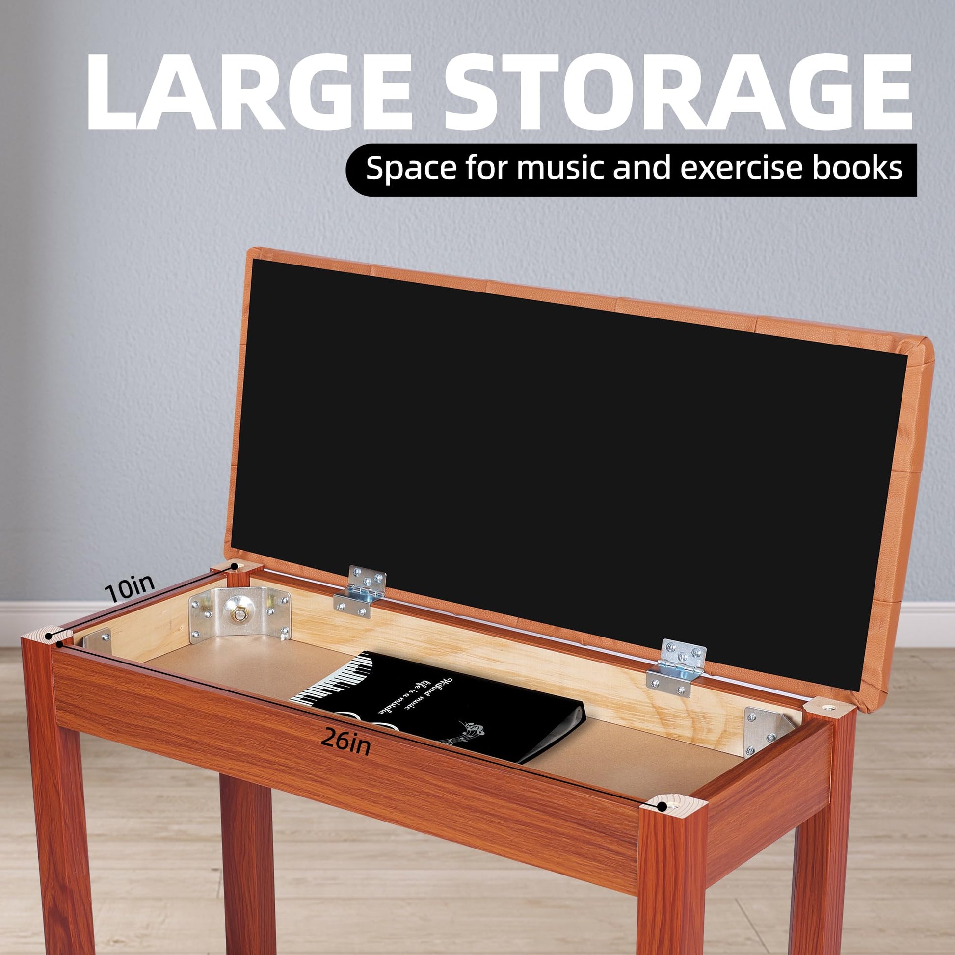 Wooden Duet Piano Bench with Padded Cushion and Storage Compartment, Brown