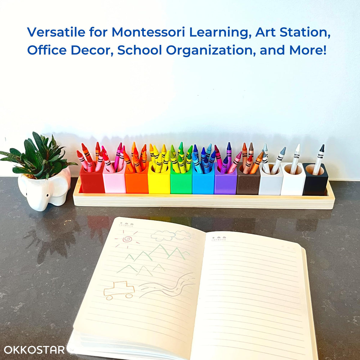 OKKOSTAR Wooden Crayon & Colored Pencil Holder, 11 Cups, Classroom (Large)