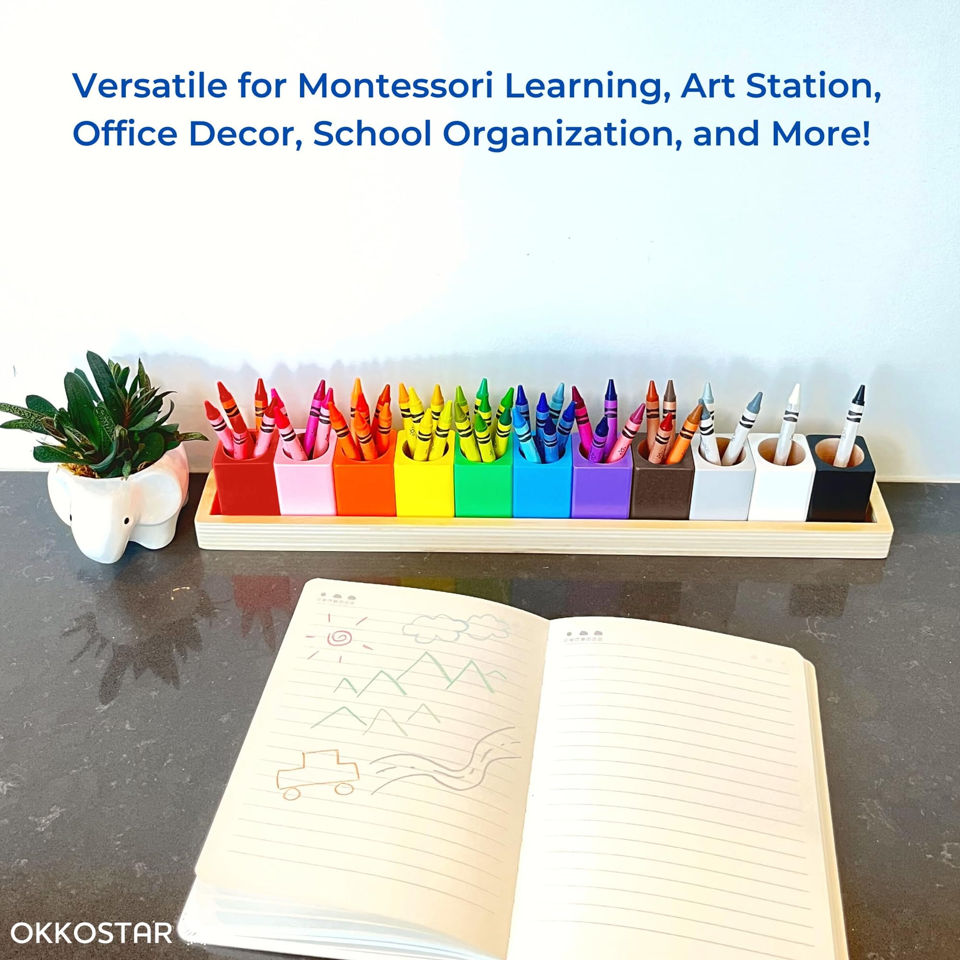 OKKOSTAR Wooden Crayon & Colored Pencil Holder, 11 Cups, Classroom (Large)