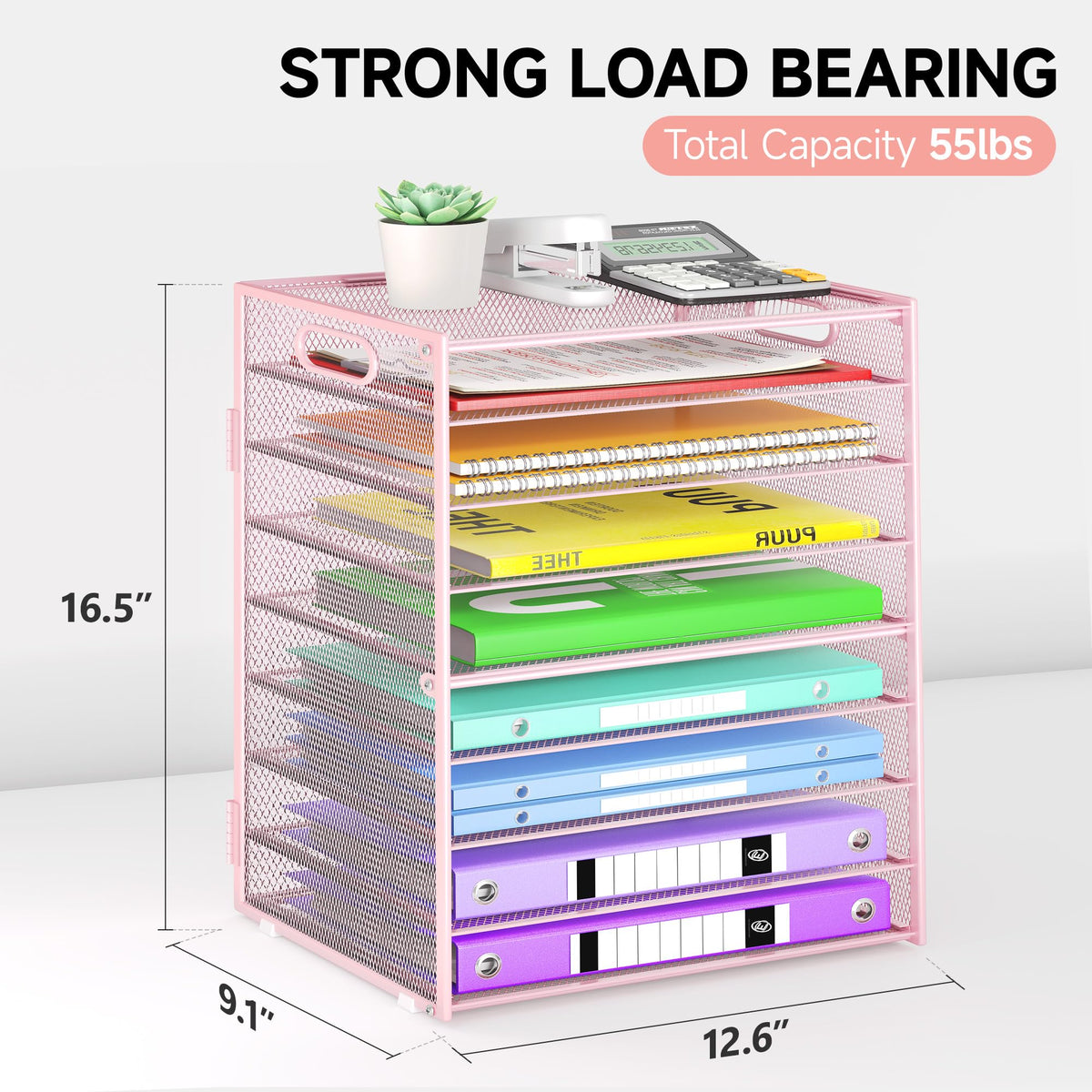 Cawukege 9 Tier Paper Organizer with Handle, Pink Large Capacity Desk Organizer Mesh File Folder