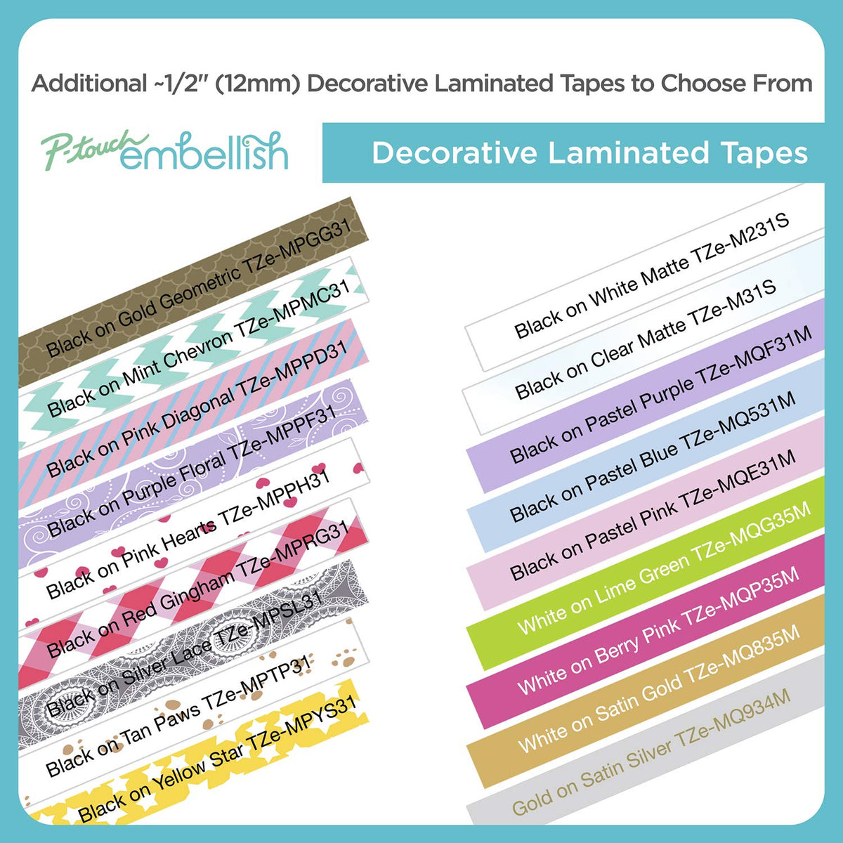 Brother P-Touch Embellish Gold Print on Mint Washi Tape TZeMT3403 - ~~½” Wide x 13.1’ Long for use