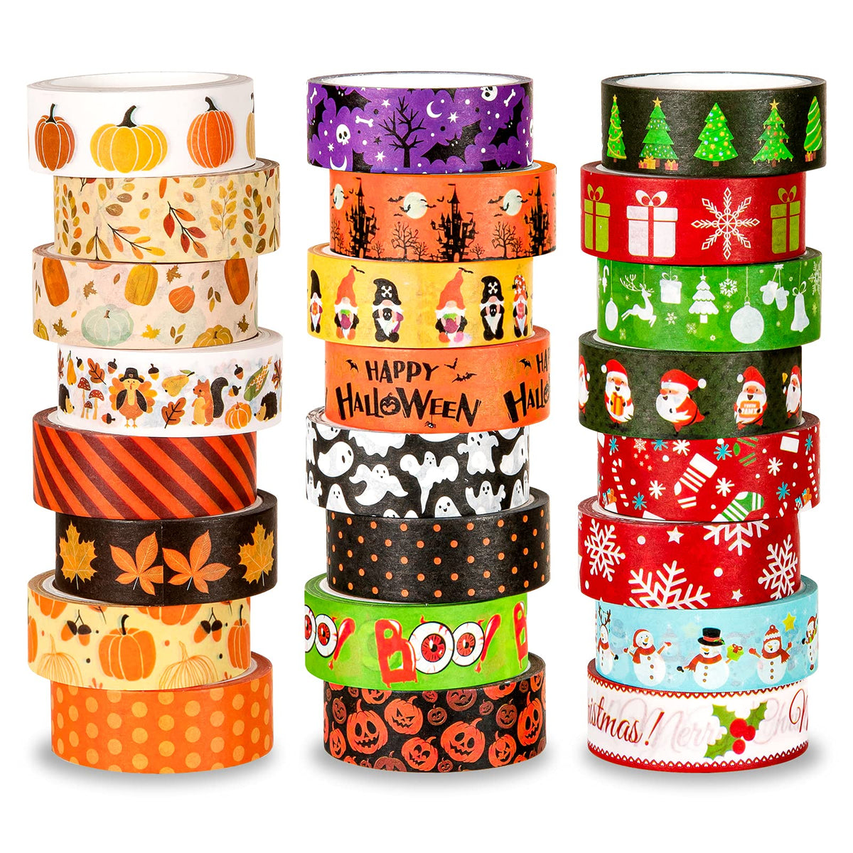 Whaline 24 Rolls Fall Halloween Christmas Washi Tape 3 Holidays Masking Tape Leaves Pumpkin Ghost