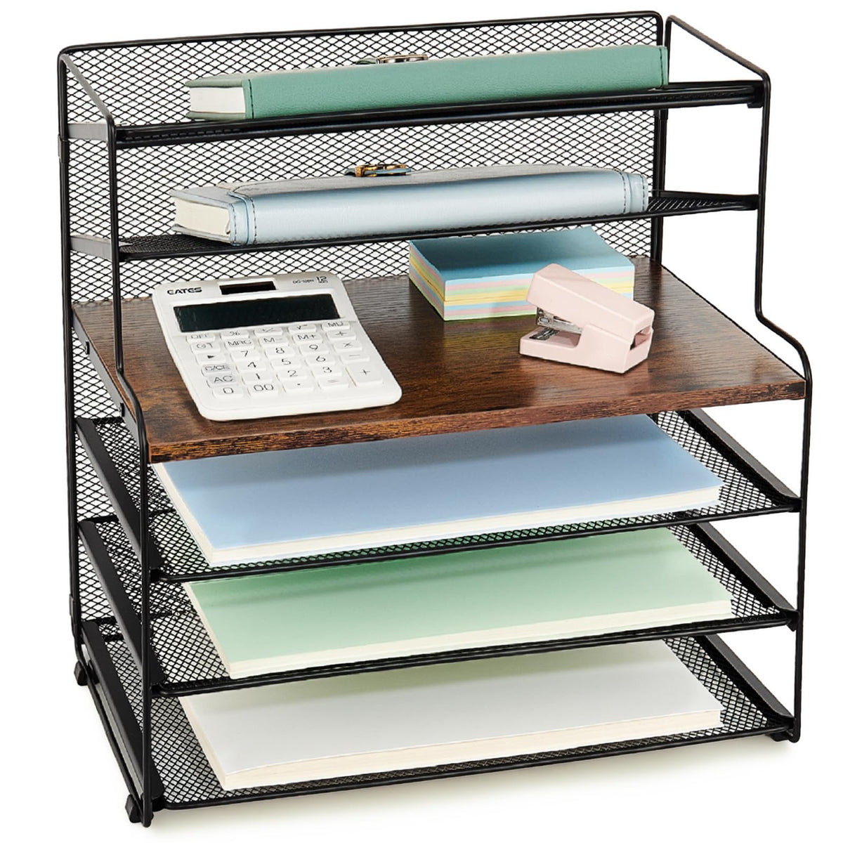 OPNICE Desk Organizer, 6-Tier Paper Organizer Letter Tray, Brown Wood