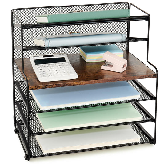 OPNICE Desk Organizer, 6-Tier Paper Organizer Letter Tray, Brown Wood