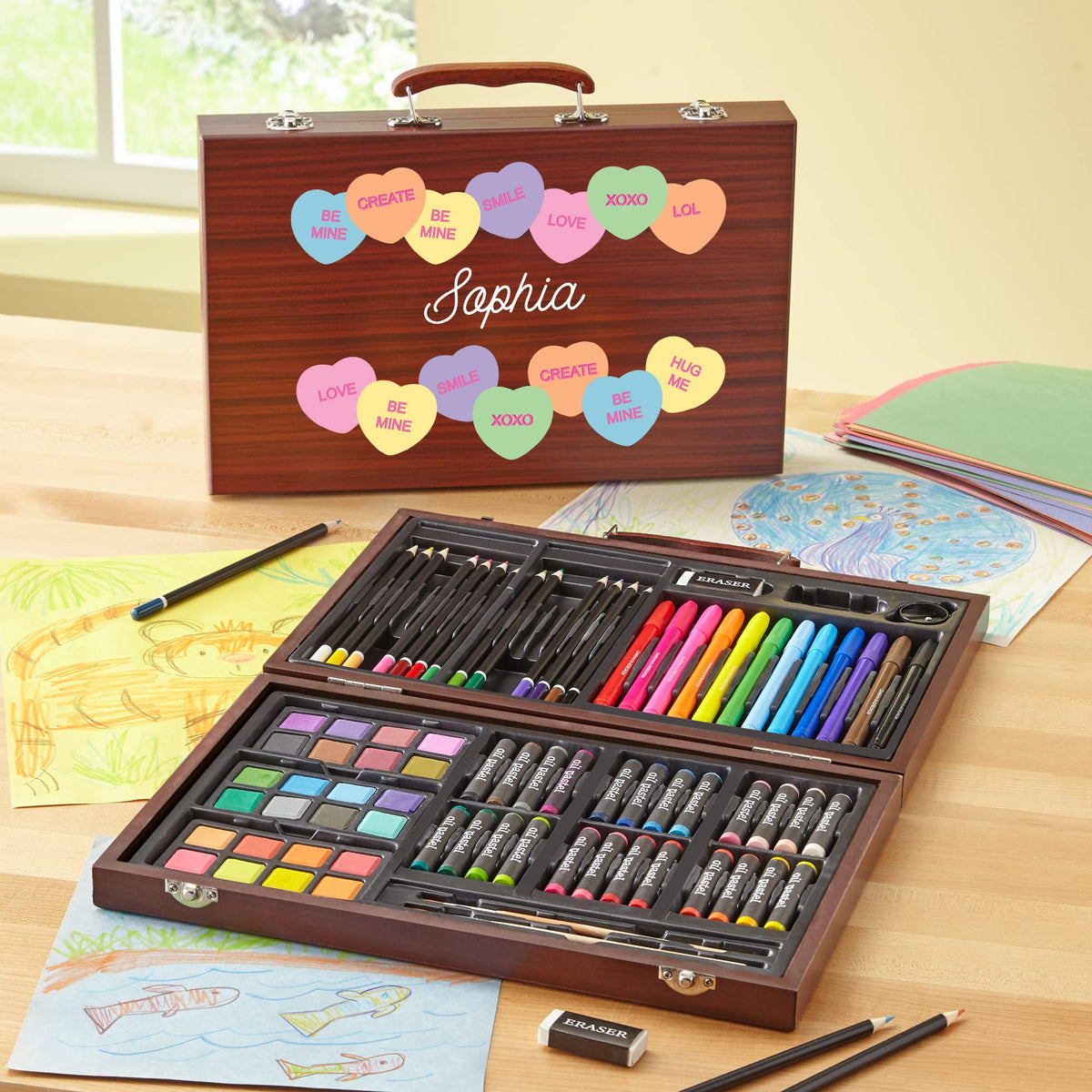 Let's Make Memories Personalized 80-Piece Deluxe Art Set - for Kids - Wood Carrying Case - Oil