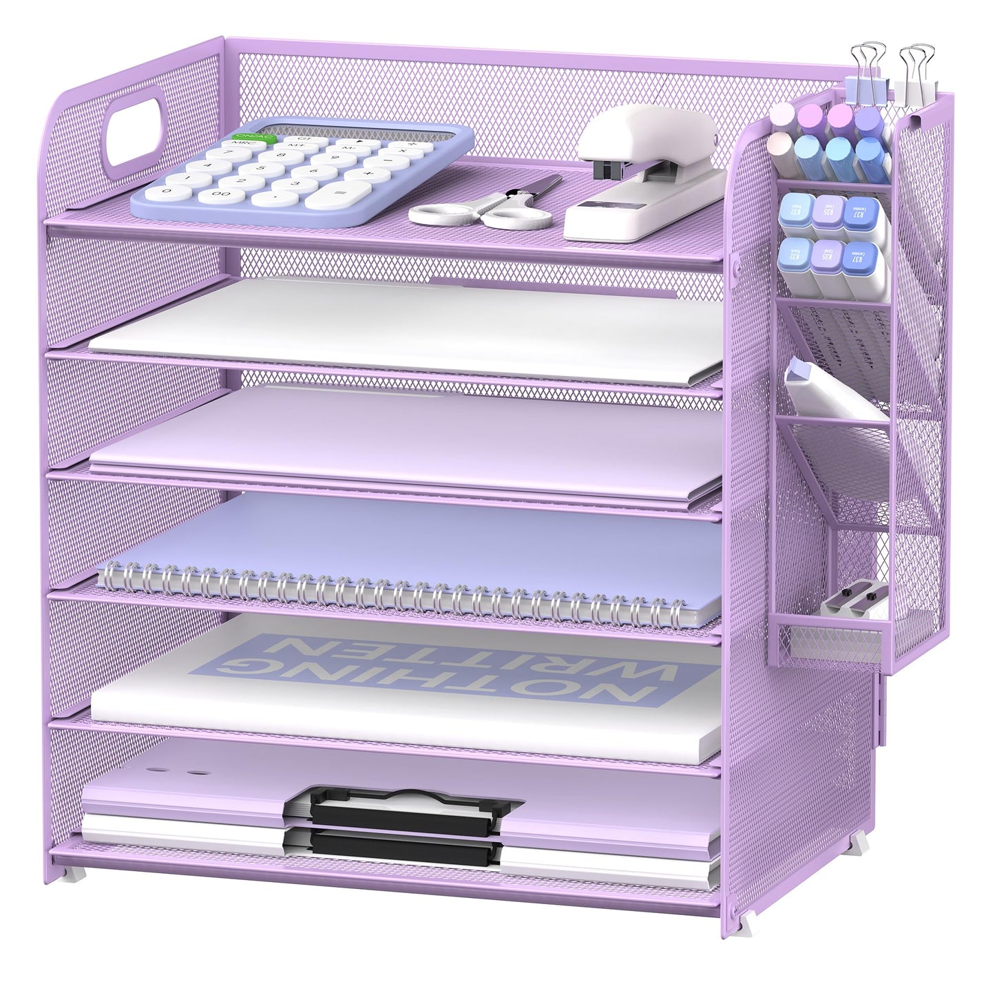 Supeasy 6 Tier Desk Organizer with 4 Pen Holders & Mesh Paper Trays Purple
