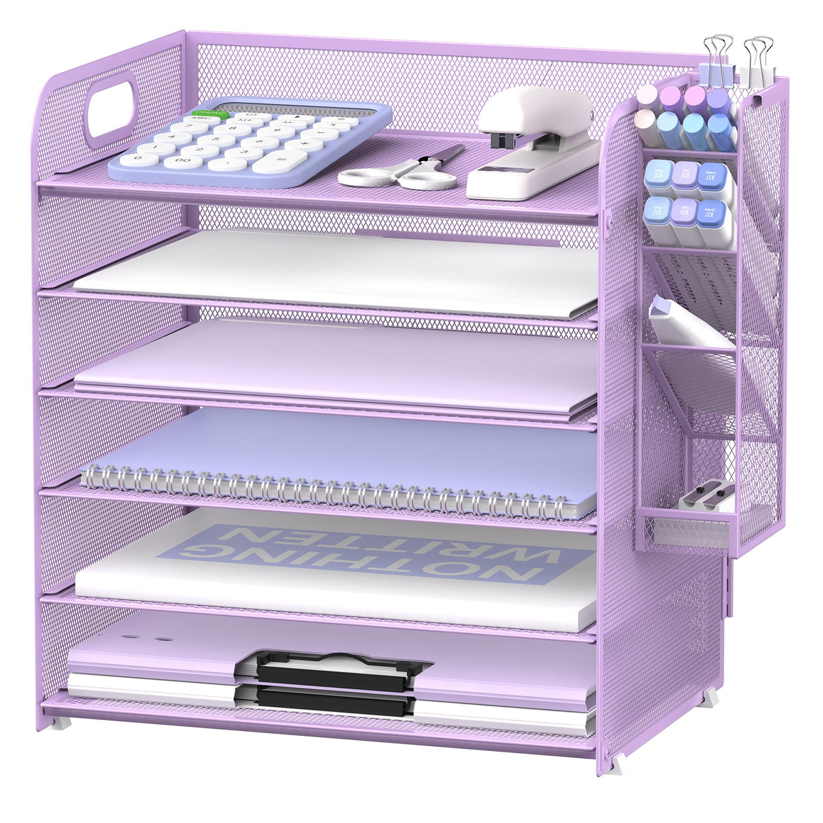 Supeasy 6 Tier Desk Organizer with 4 Pen Holders & Mesh Paper Trays Purple