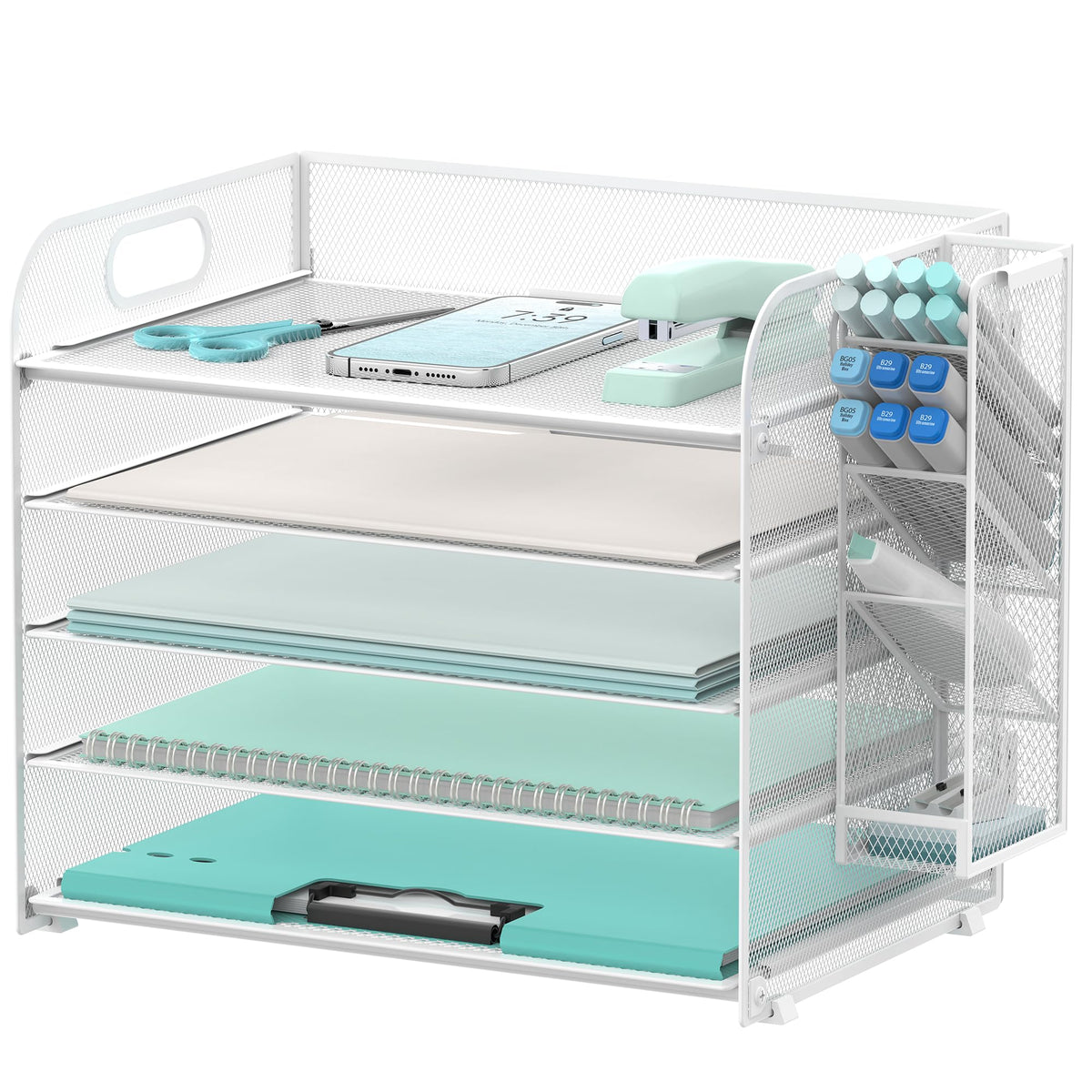 5-Tier Paper Organizer for Desk with Pen Holders, Letter Trays, White