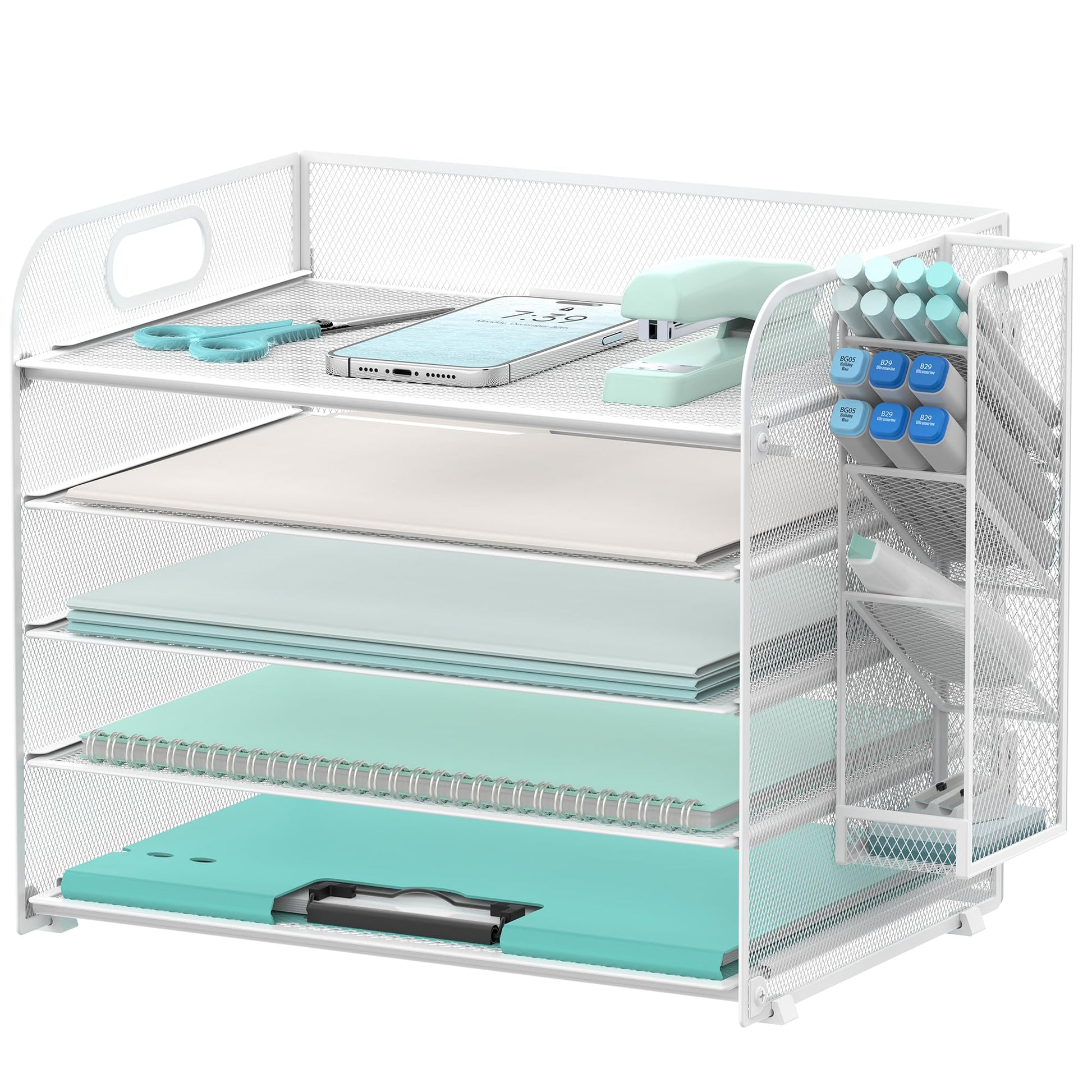5-Tier Paper Organizer for Desk with Pen Holders, Letter Trays, White