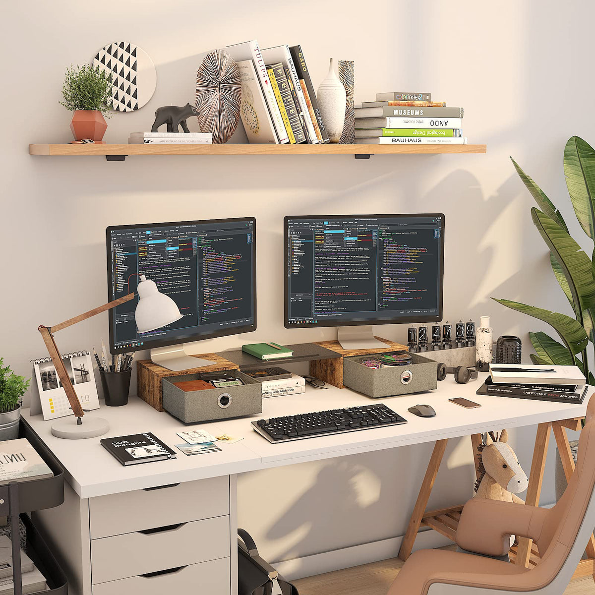 WESTREE Dual Monitor Stand Riser with Two Drawers, Extra Large Storage Monitor Stand for 2