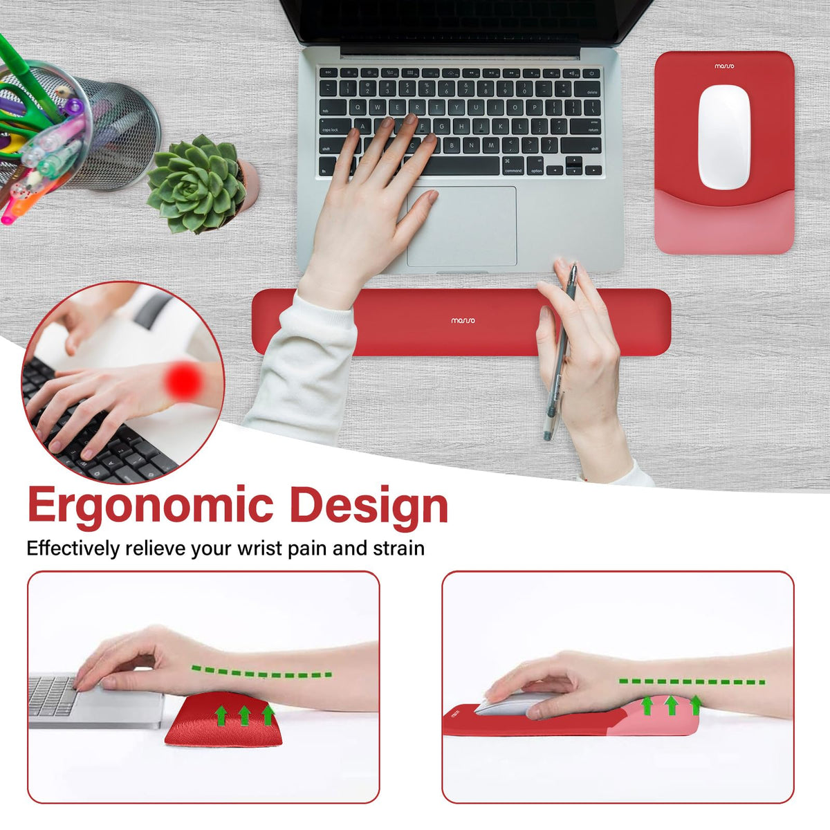 MOSISO Wrist Rest Support Mouse Pad & Keyboard Set, Red