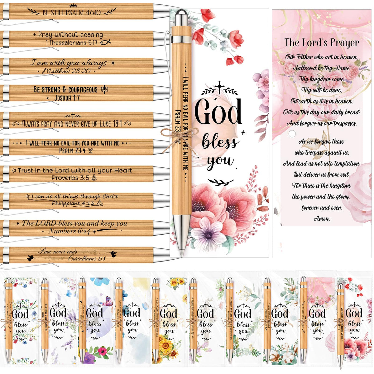 50 Set Bible Verse Bamboo Pens with Prayer Bookmarks Cards Christian Gifts Bulk Religious Church