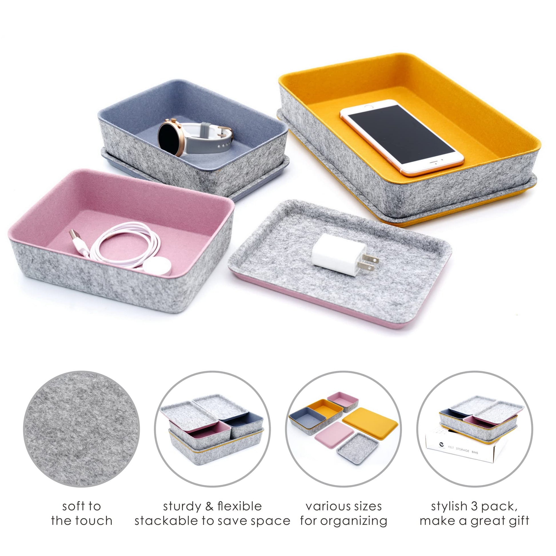 Welaxy 3pc Stackable Lidded Felt Desk Drawer Organizer Multi-Color Bins