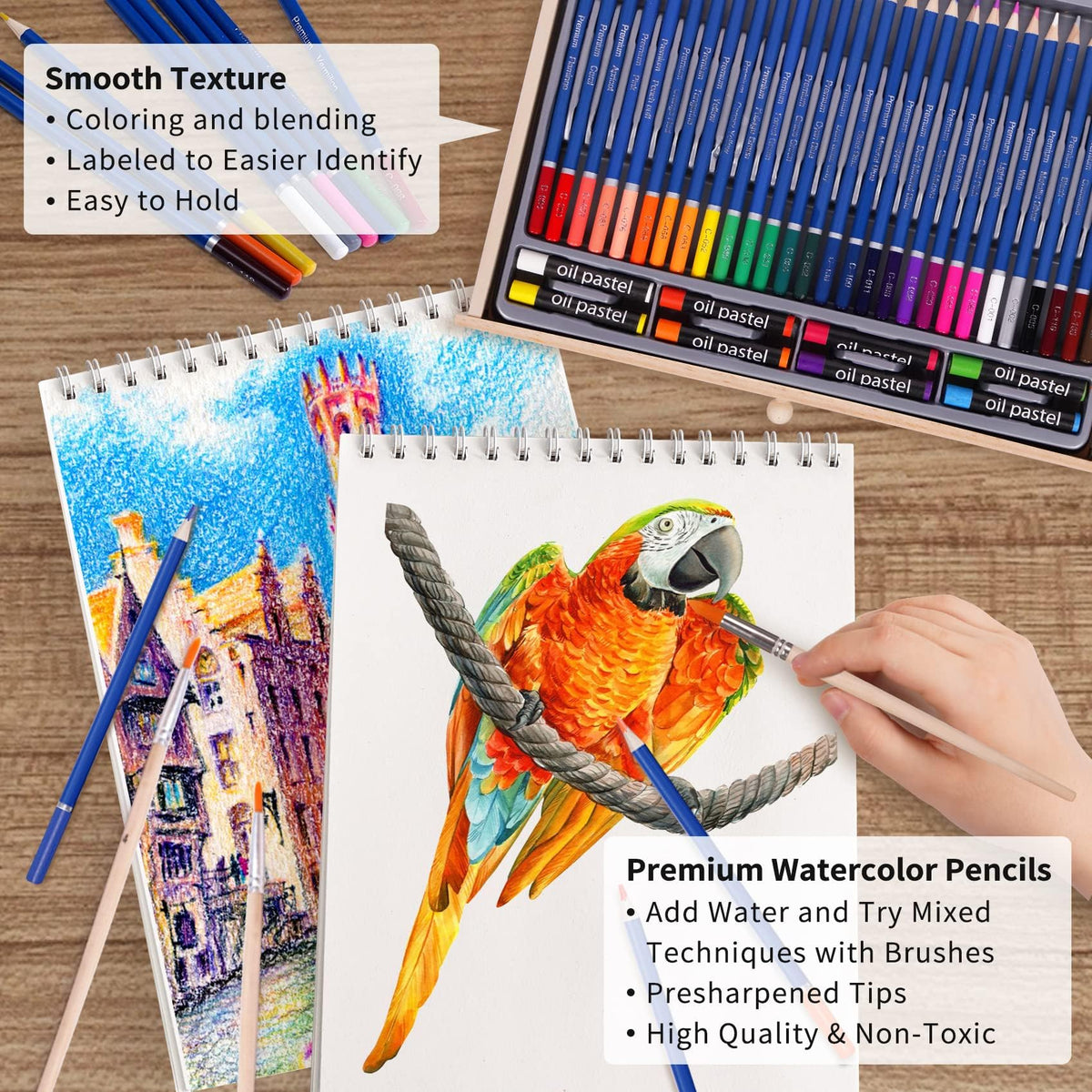 Art Set 85 Piece with Built-in Wooden Easel, 2 Drawing Pad, Art Supplies in Portable Wooden