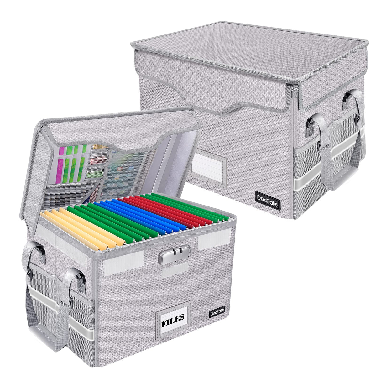 DocSafe Fireproof Document Box with Lock,File Storage Organizer with Pockets,Collapsible Portable