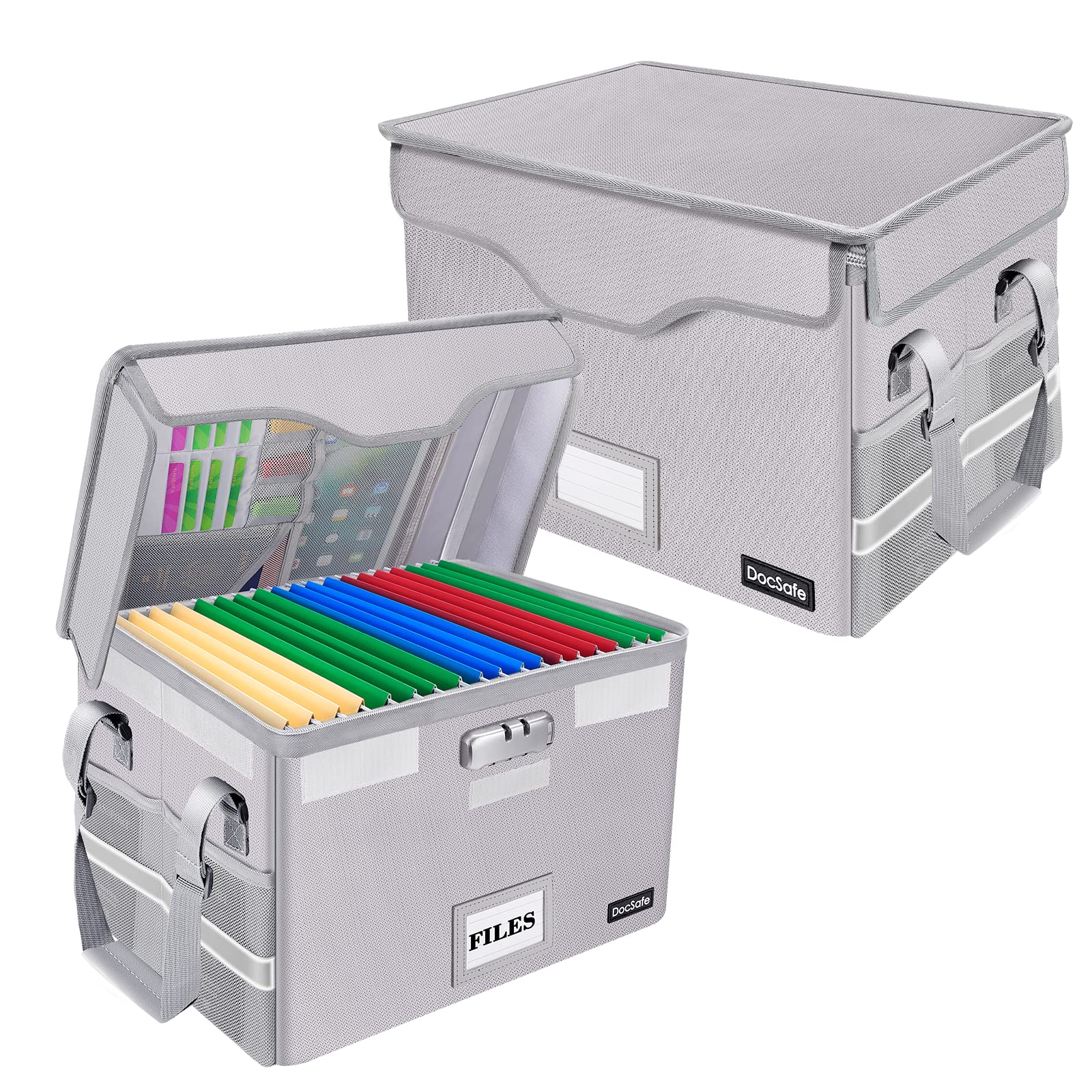DocSafe Fireproof Document Box with Lock,File Storage Organizer with Pockets,Collapsible Portable