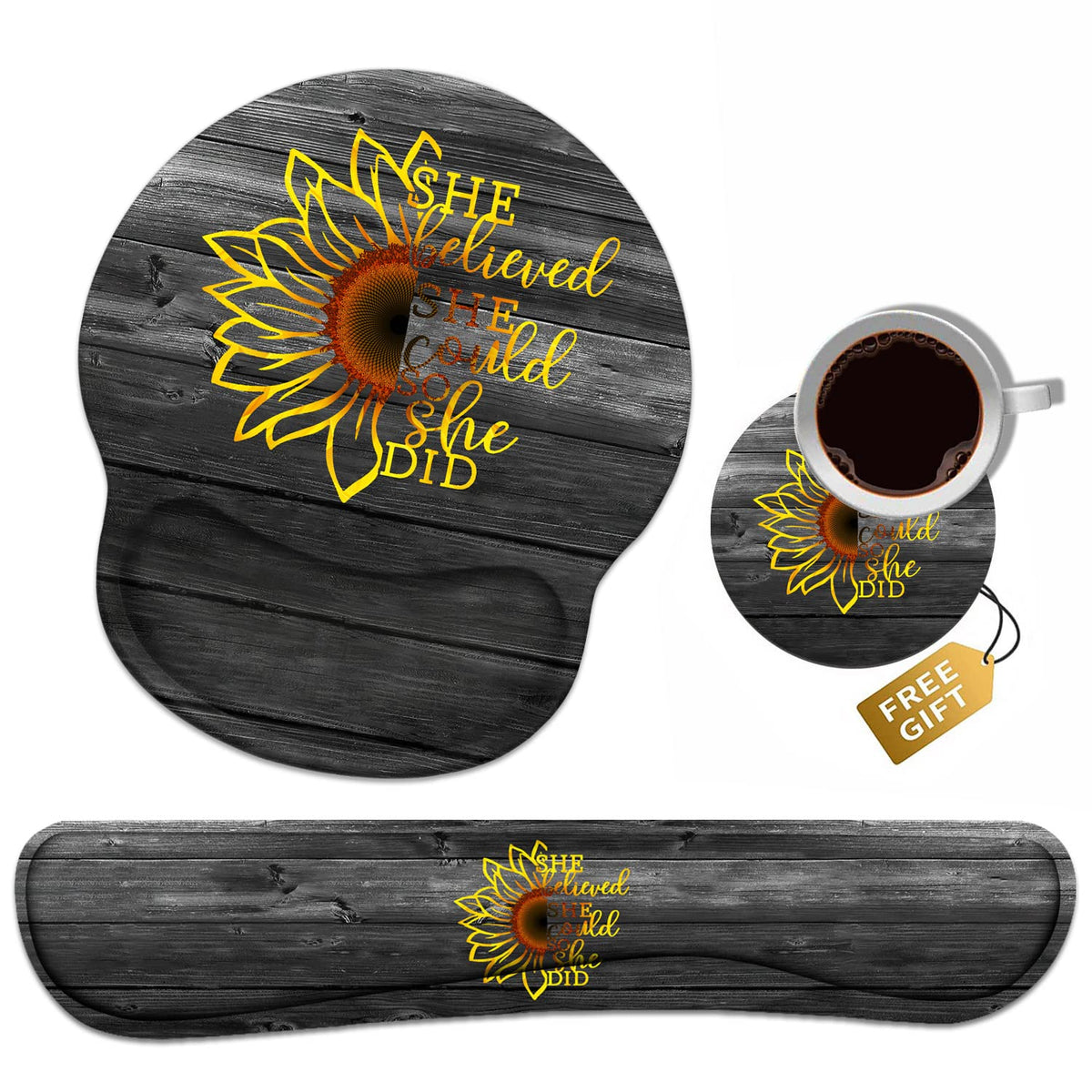 Keyboard Wrist Rest + Mouse Pad Wrist Support Set with Coasters, Inspirational Quote She Believed