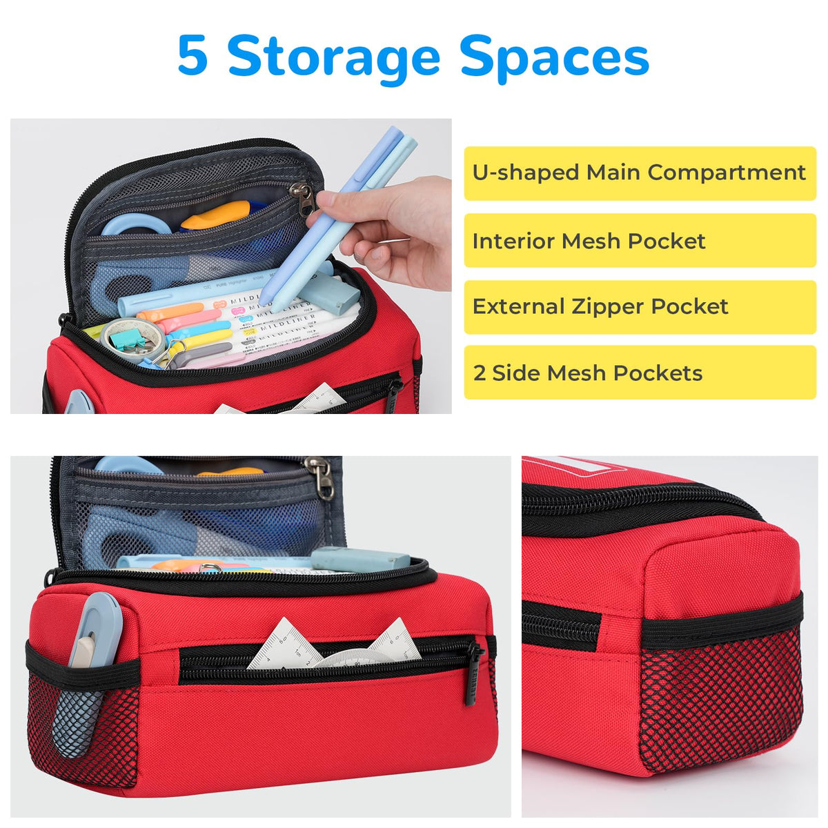 ECHSRT Large Pencil Case Organizer, Big Capacity U-Shaped Pen Pouch, Red