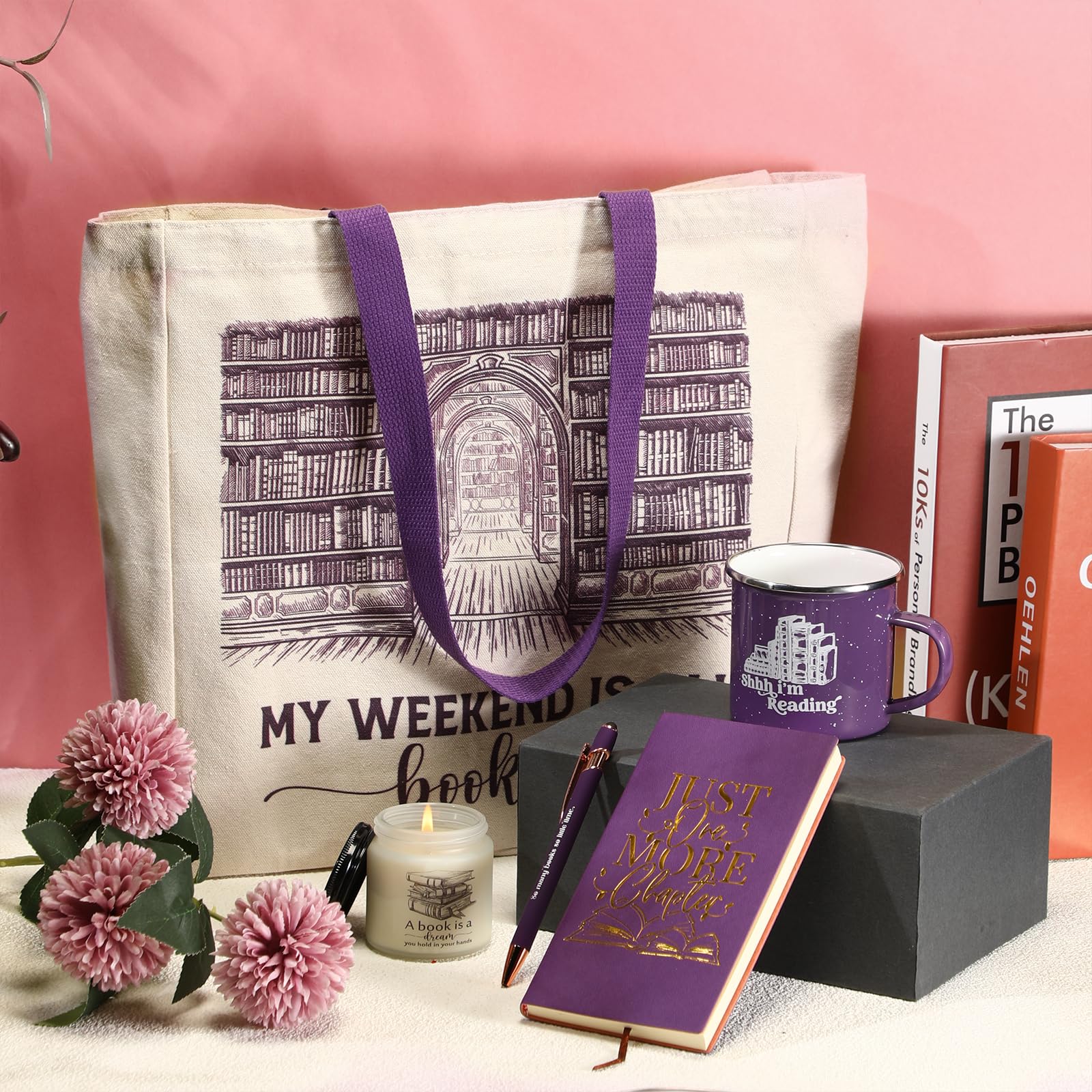 Jetec 5 Piece Book Lovers Set, Canvas Tote Bag Notebook, Candle, Purple