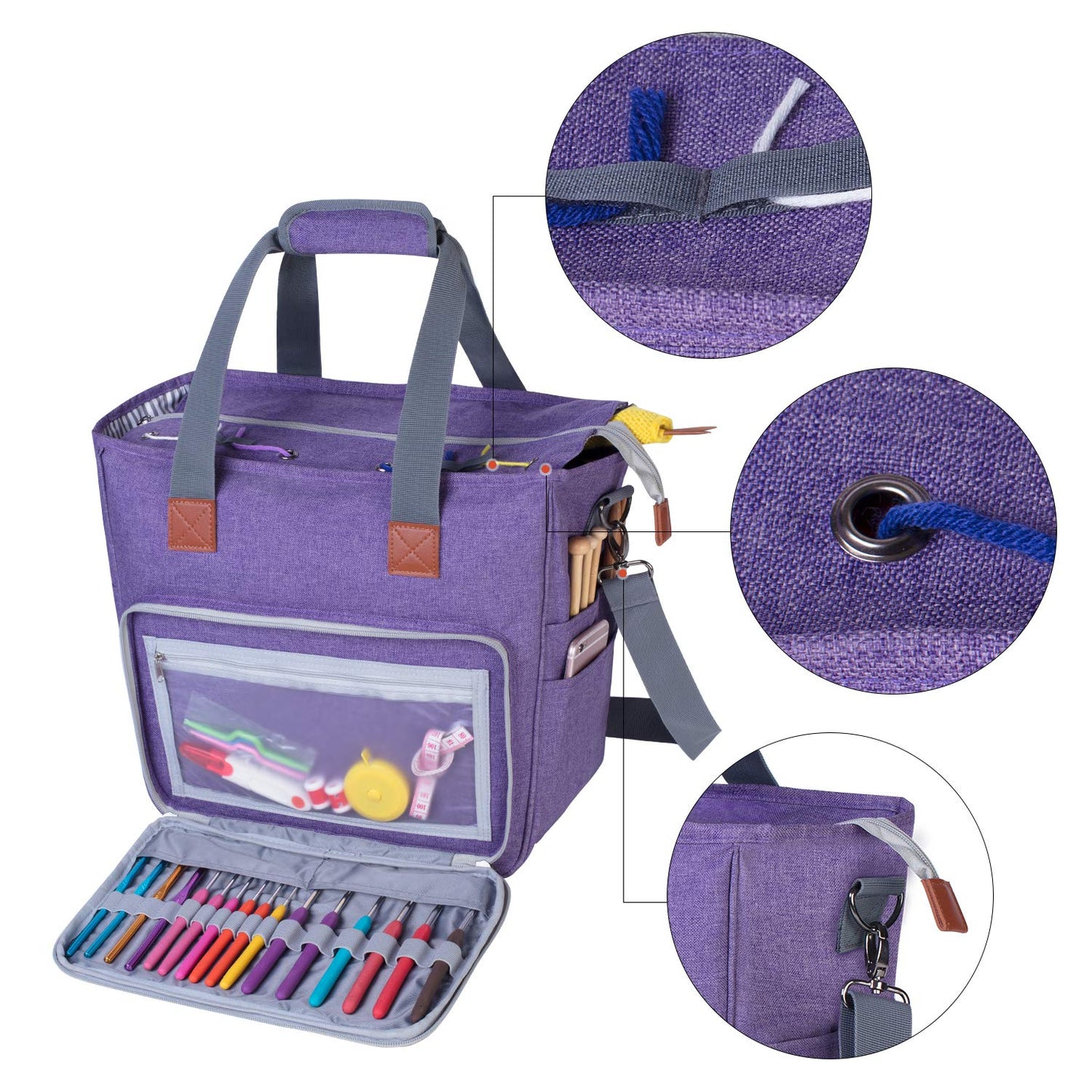LUXJA Large Knitting Bag with Shoulder Straps, Purple