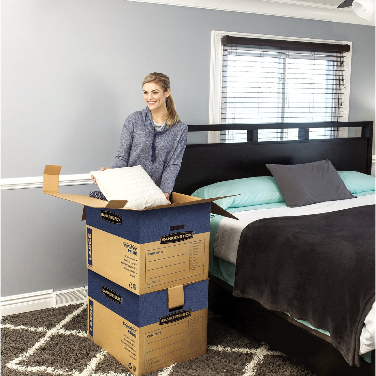 Bankers Box Large Prime Moving Box 6 Pack, Reinforced Handles, Tape-Free Assembly, Attached Lid