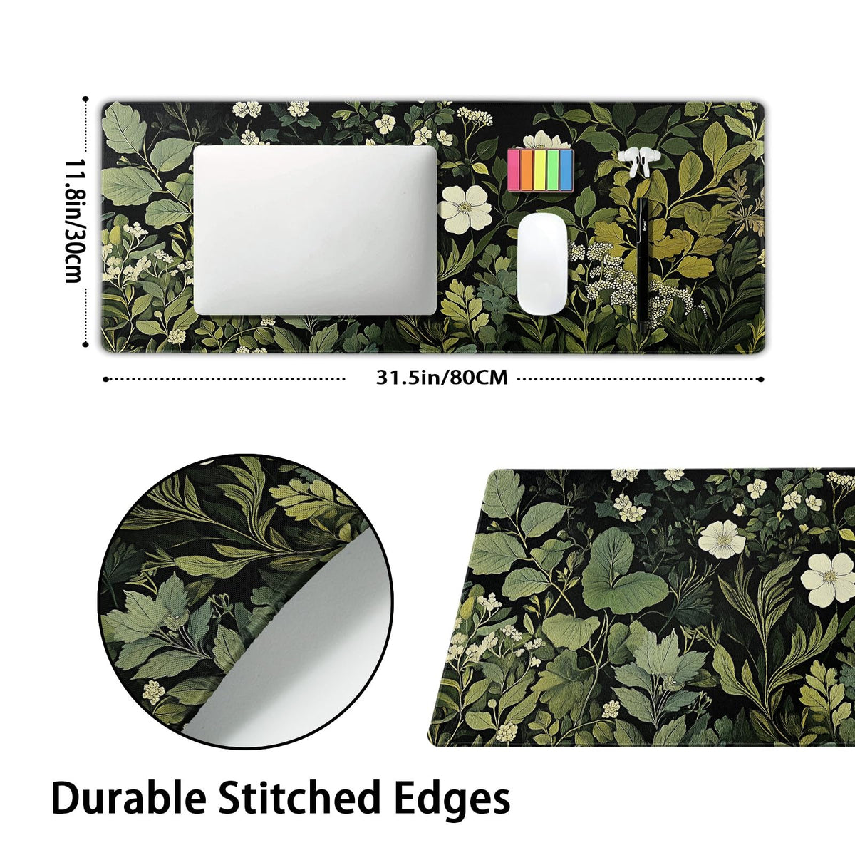 Green Leaves Mouse Pad XL Botanical Plants Beige Floral Extended Table Mat 80X30 cm Non-Slip Rubber
