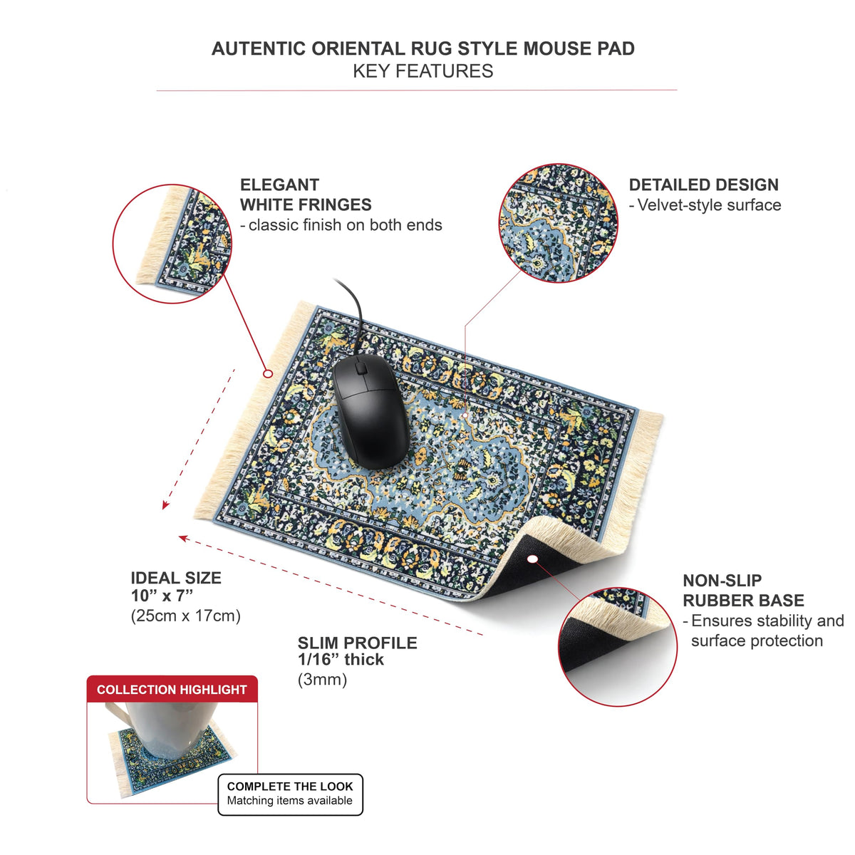 3-Piece Carpet-Style Desk Set – Blue Mouse Pad, Mini Rug Coaster & Bookmark, Colorful Elegant