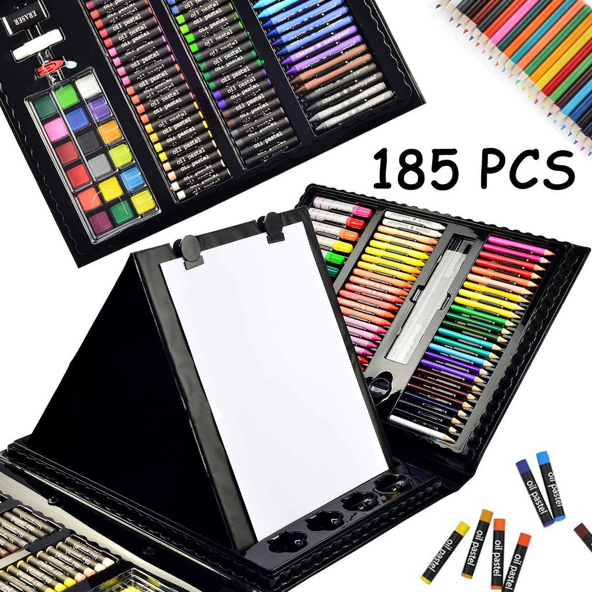 Sunnyglade 185 Pieces Double Sided Trifold Easel Art Set Art Supplies Black