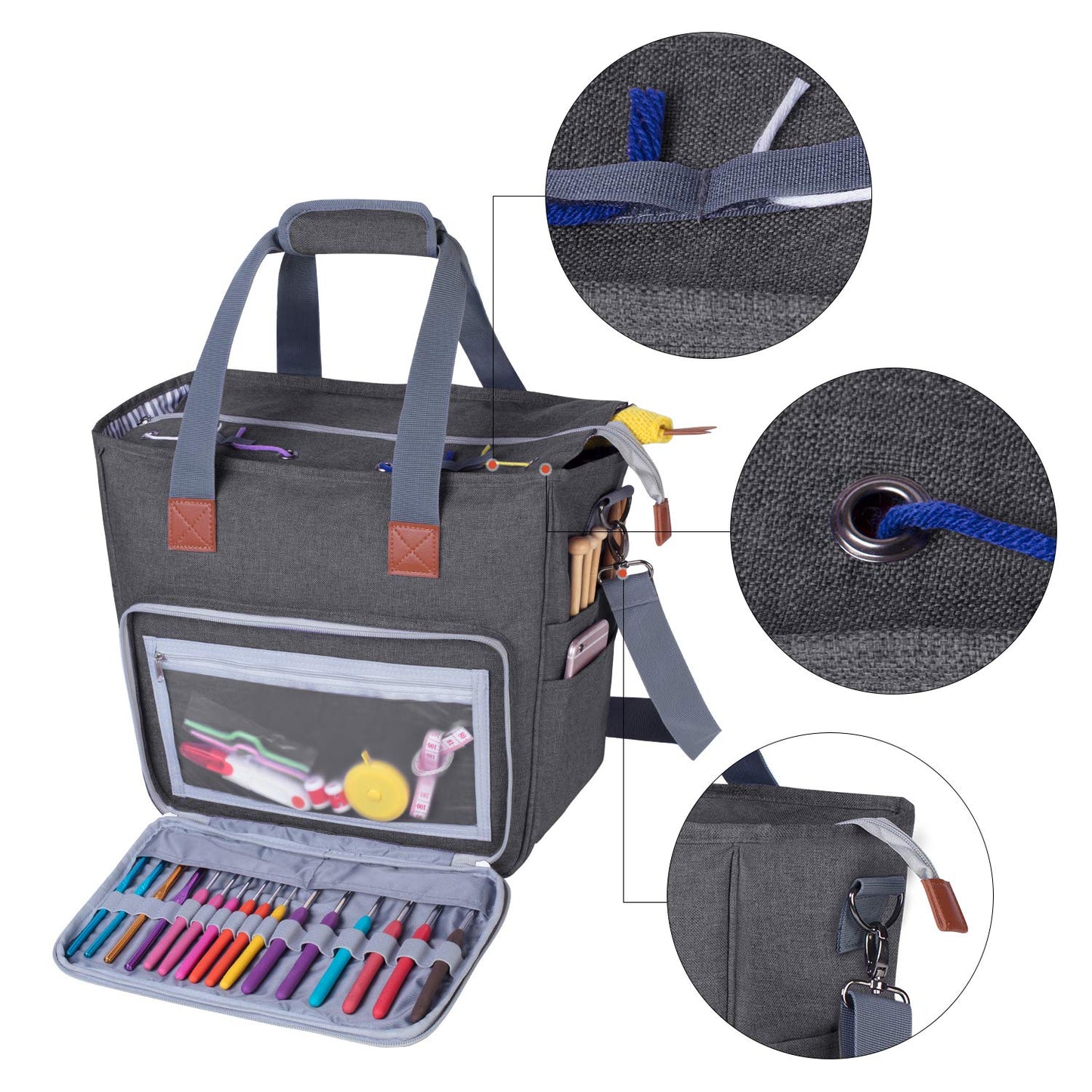 LUXJA Large Knitting Bag with Shoulder Straps, Gray