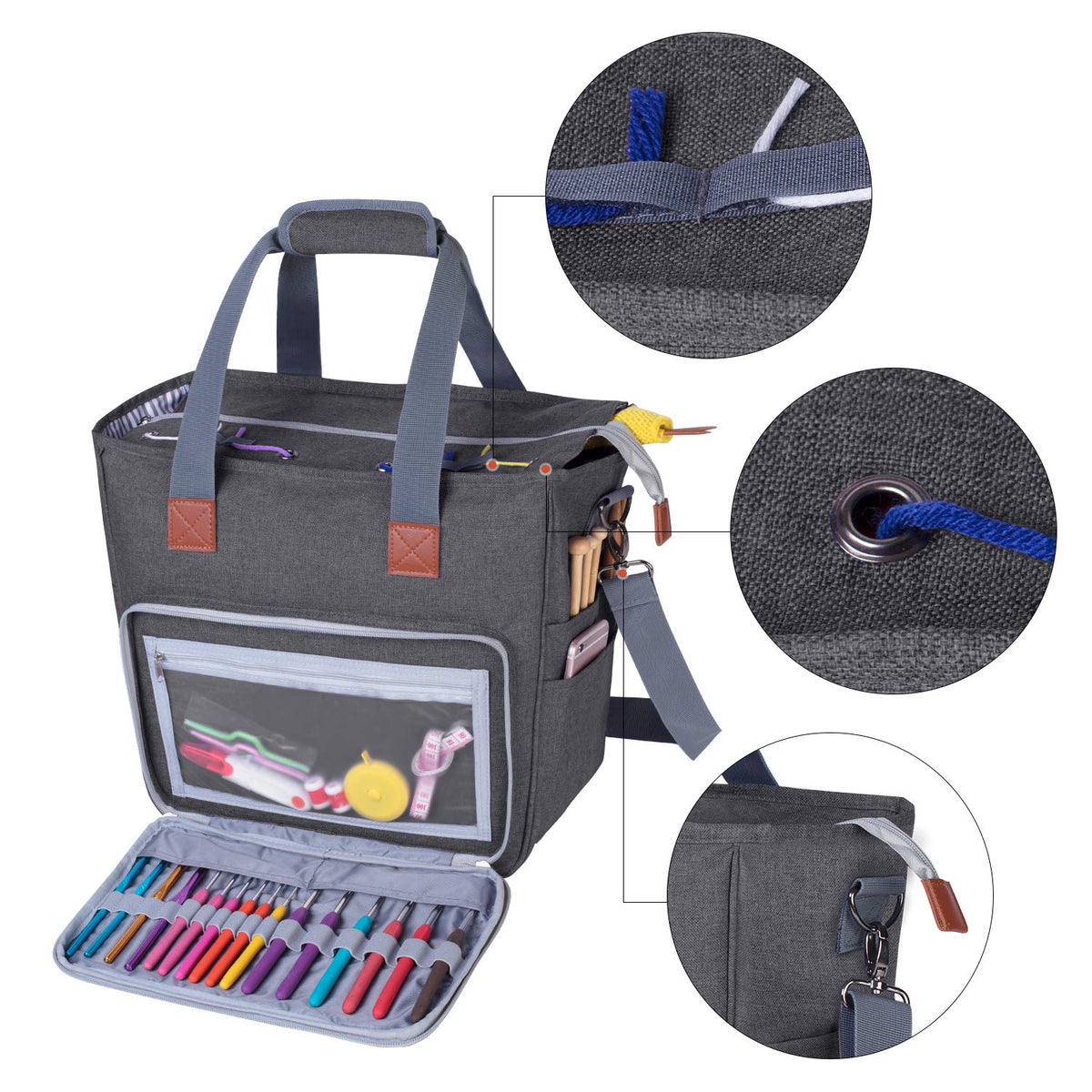 LUXJA Large Knitting Bag with Shoulder Straps, Gray