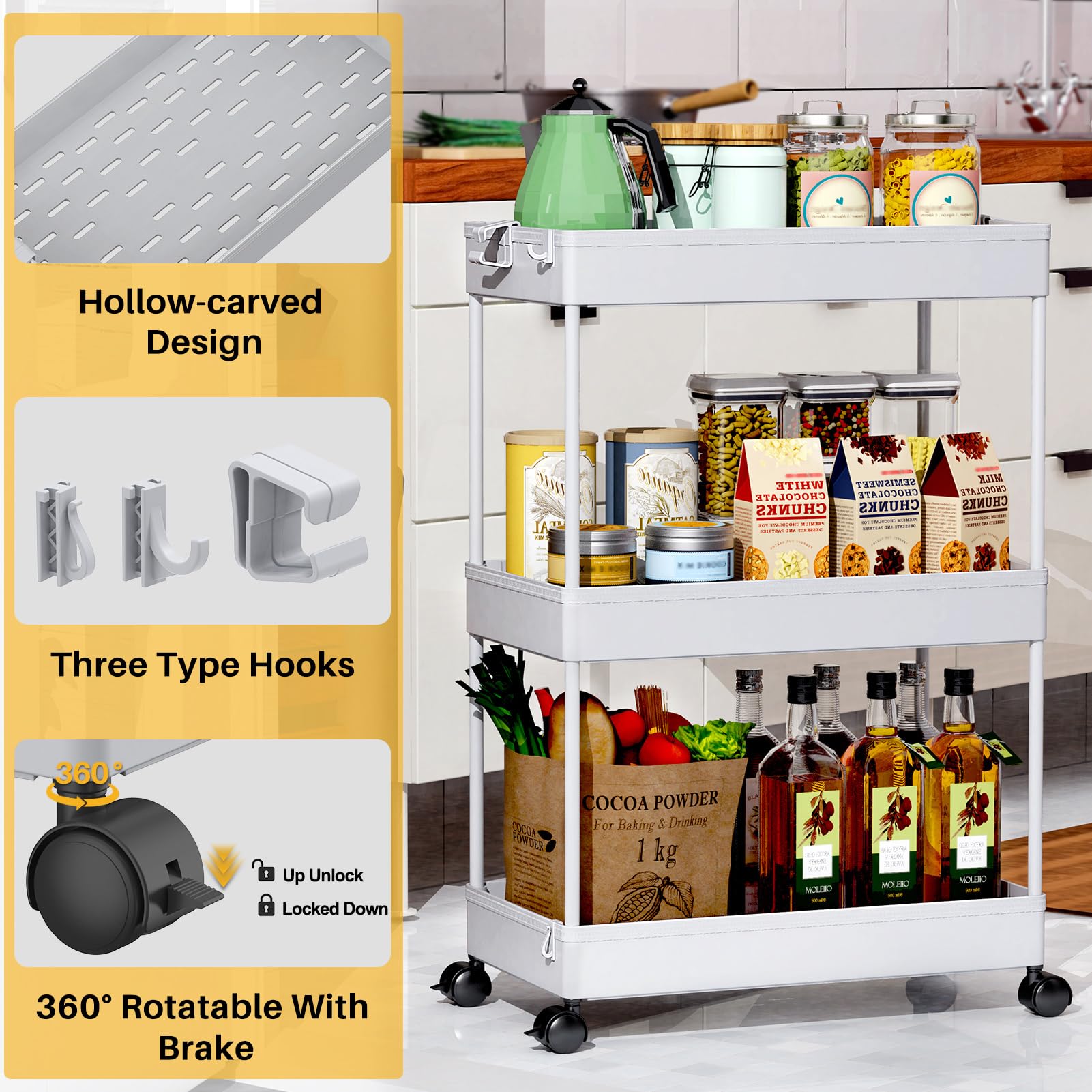 SPACEKEEPER 3 Tier Rolling Cart, Bathroom Cart Organizer with Wheels, Gray