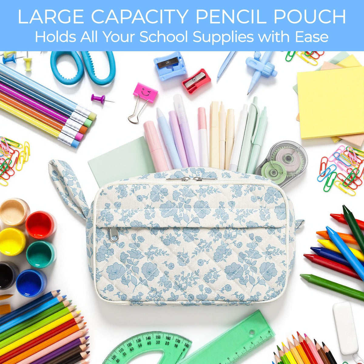 WOBAGMEN Quilted Pencil Pouch for Girls Women, Large Pencil Case Pouch with Compartments Cute