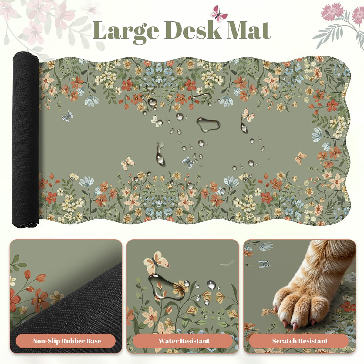 iLeadon Green Desk Mat Cute, Scalloped Desk Mat for Keyboard and Mouse