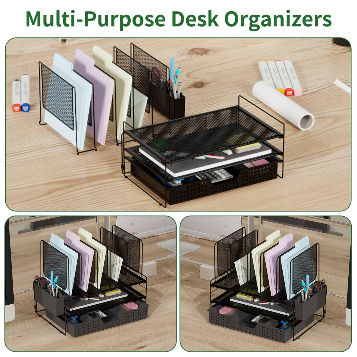 LEKETREE Desk Organizer, Office Organization with Vertical File Holder, File Organizer with Drawer