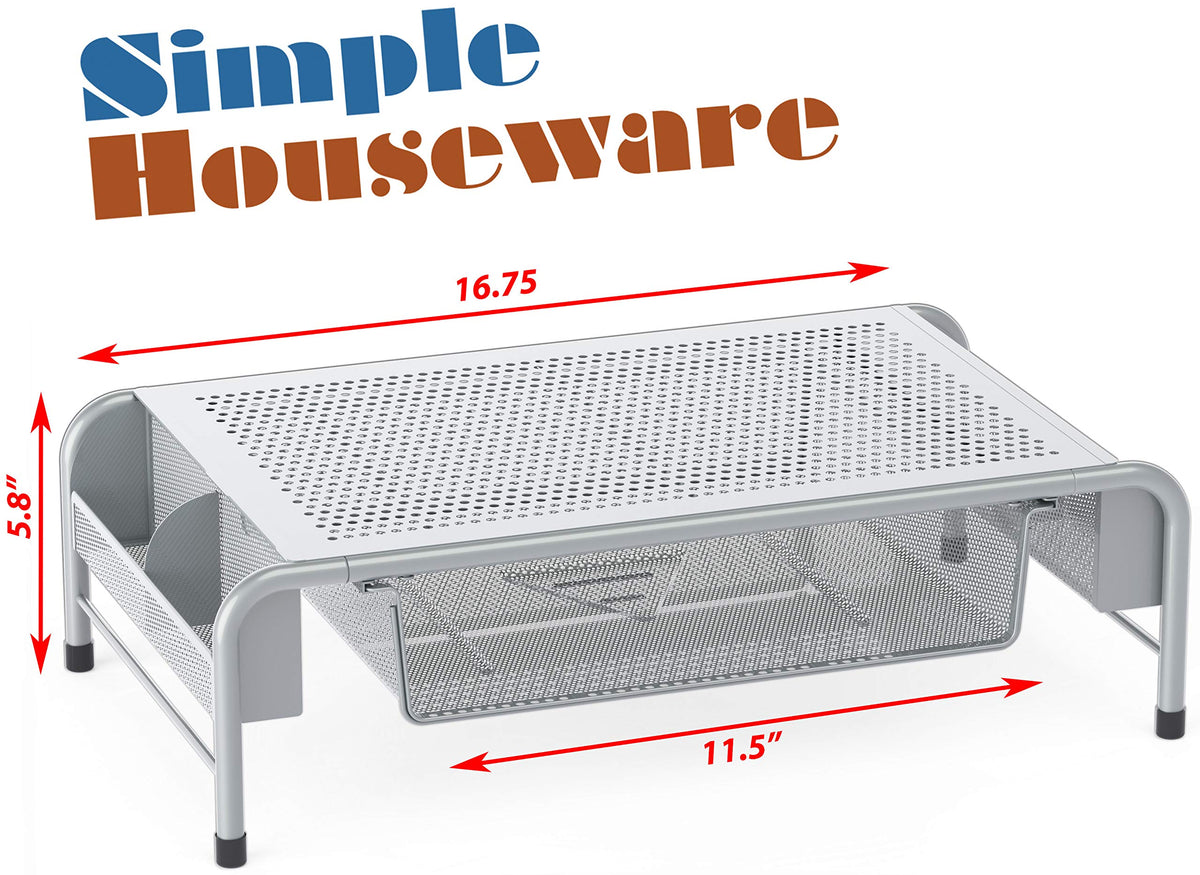 Simple Houseware Metal Desk Monitor Stand Riser w/ Organizer Drawer, Silver