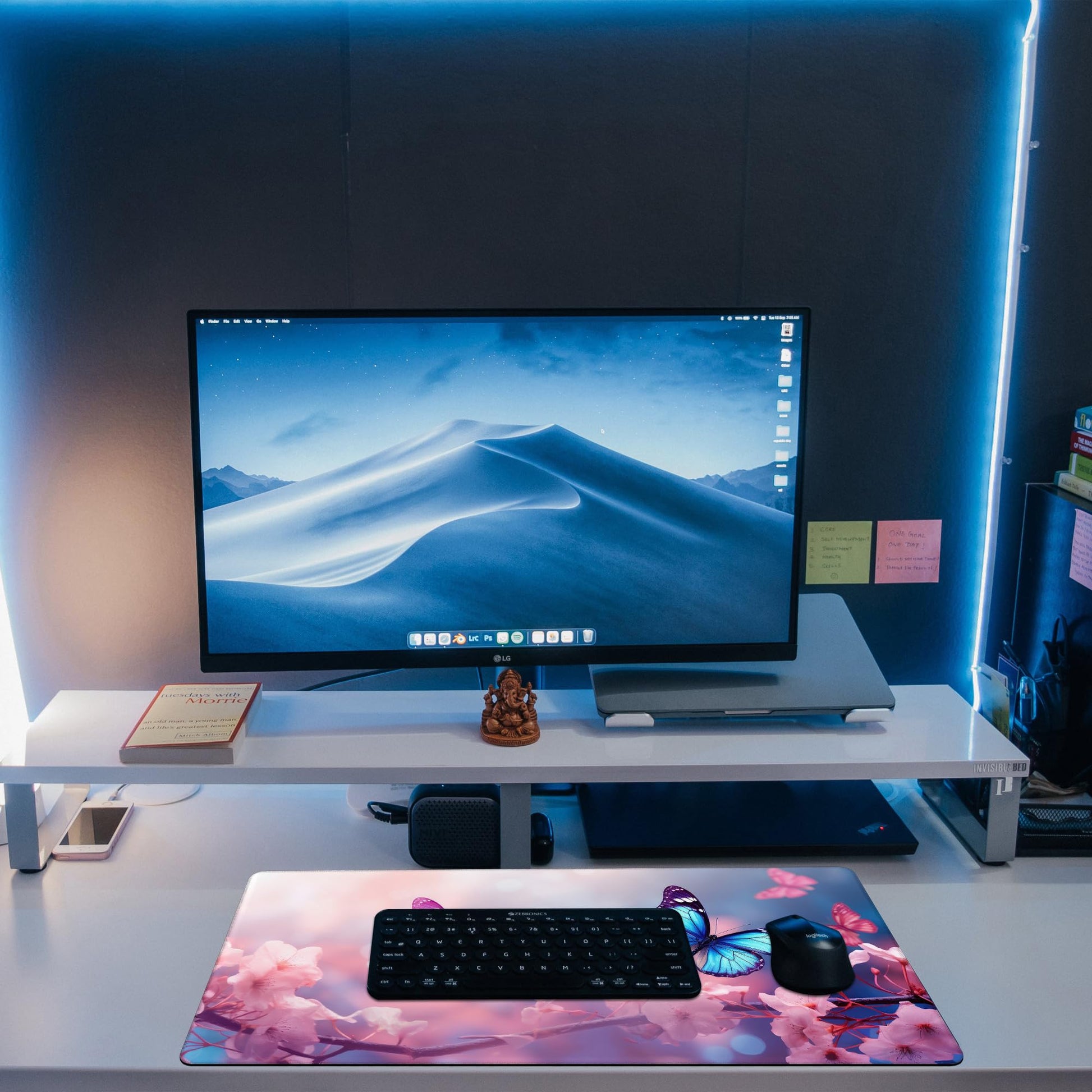 KOAIWPAE Desk Pad,Flying Blue Butterfly Desk Mat,Pink Cherry Blossom Branches Large Gaming Mouse