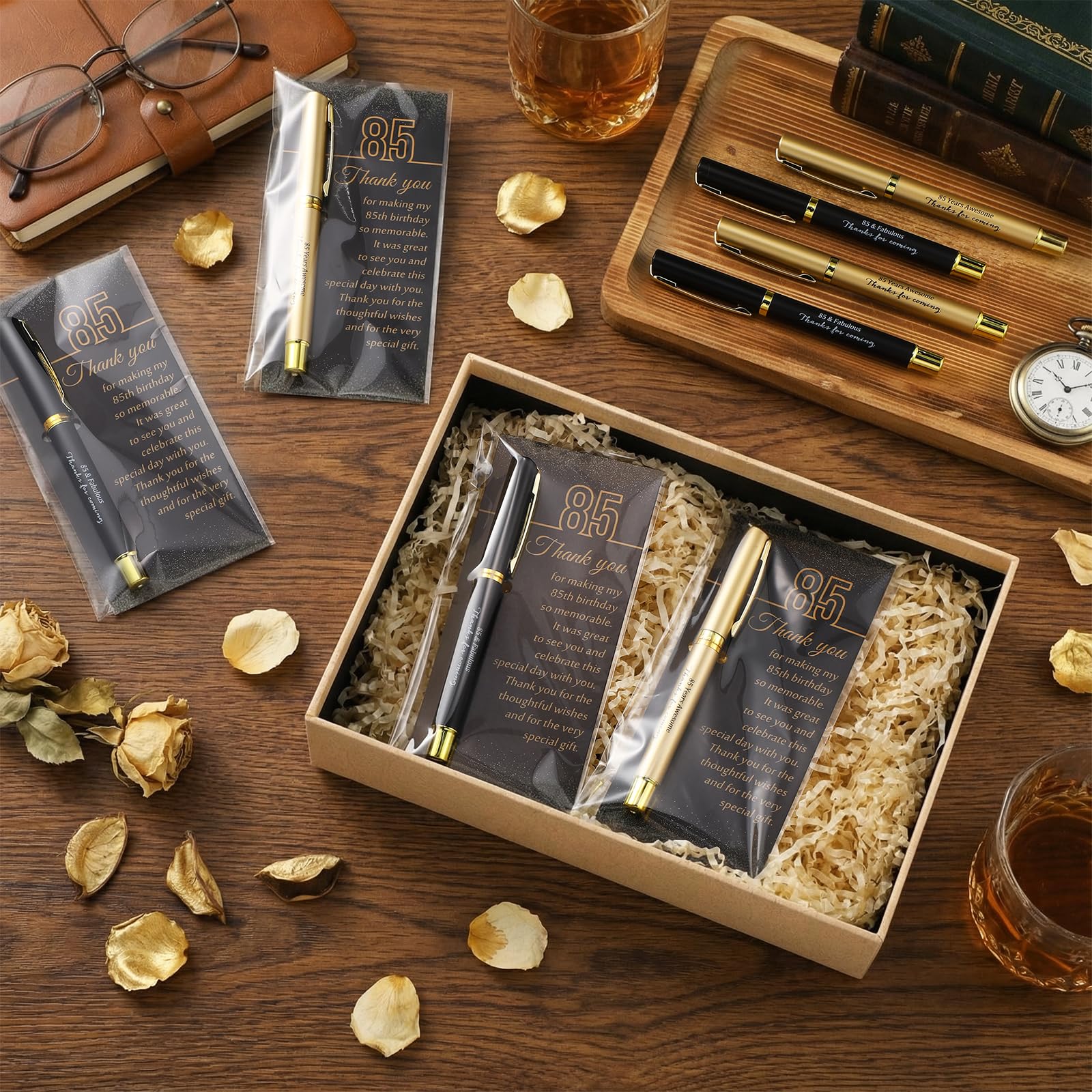 Feifeiya 50 Set 85th Birthday Favors with Black Gold Pens Cards