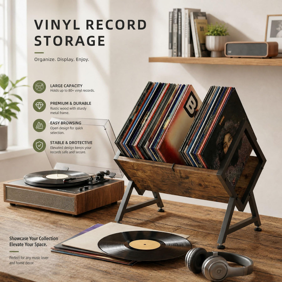 VonDream Vinyl Record Storage Holder, Space-Saving Album Organizer