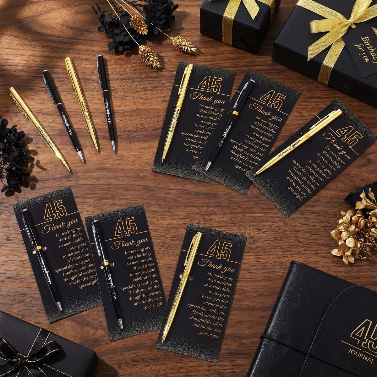 Feifeiya 45th Birthday Party Favors with Black Gold Pens Thank You Cards