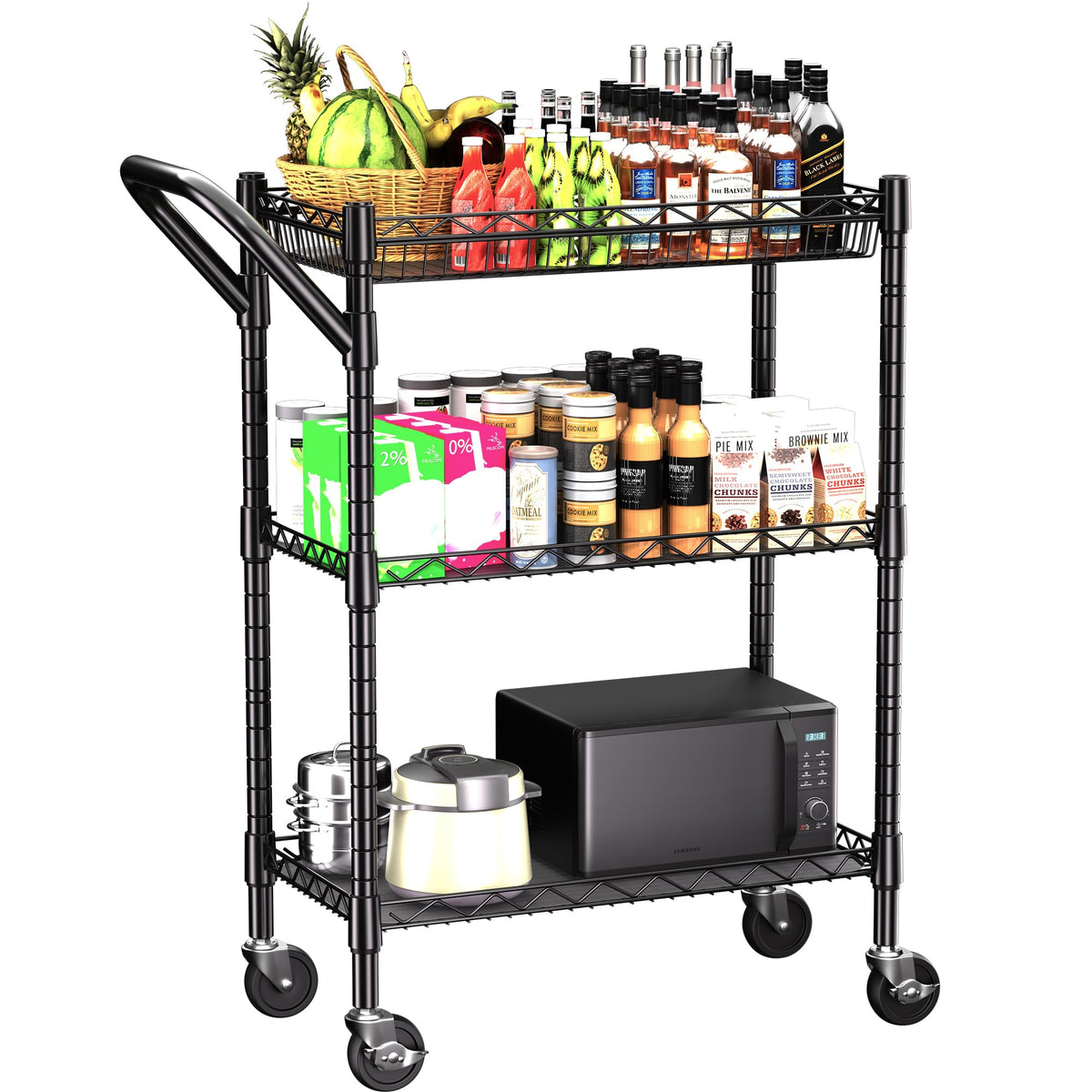 3 Tier Heavy Duty Rolling Utility Cart,18" D x 23.8" W x 36.6" H Rolling Carts with