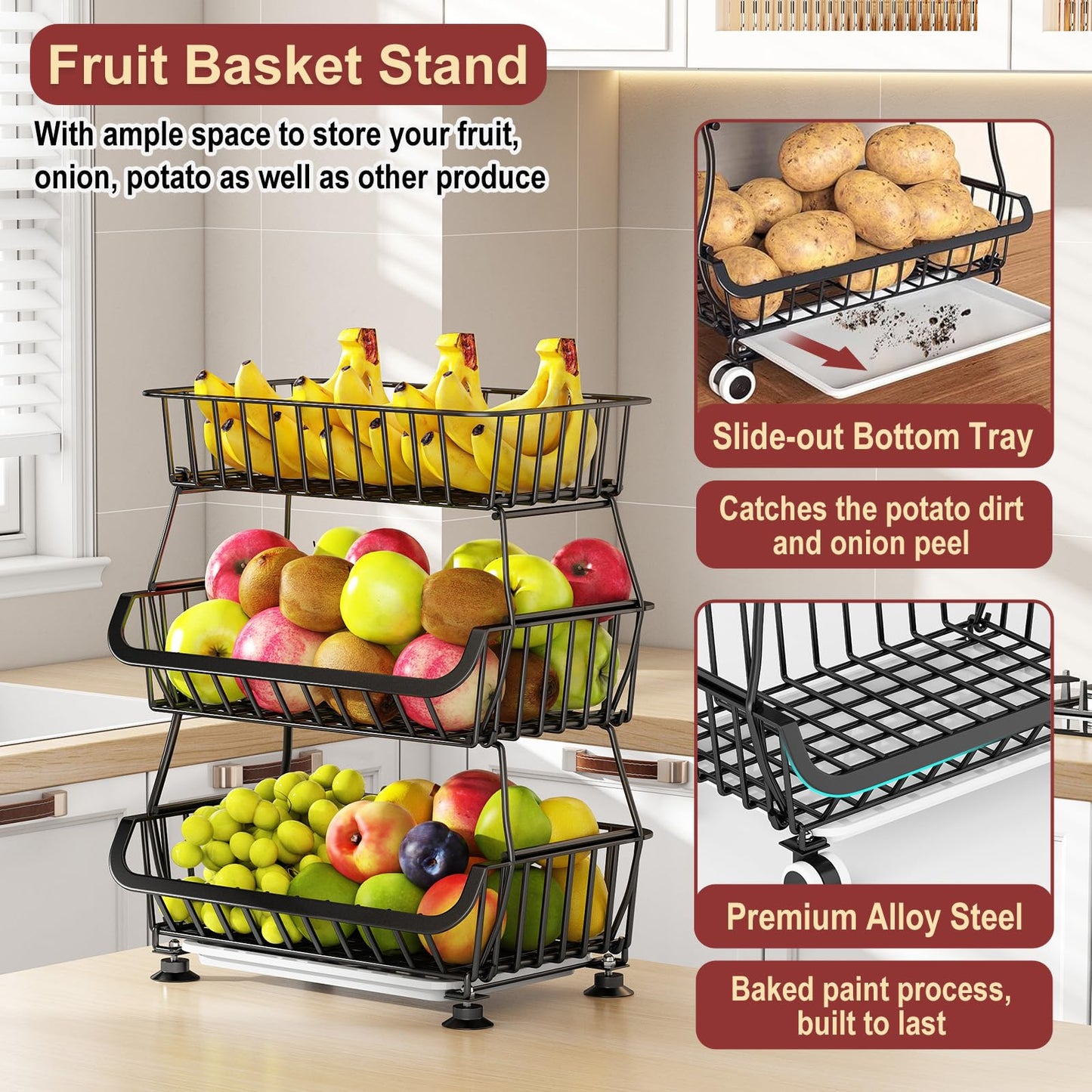 Miyawell 3-Tier Rolling Pantry Cart with Wheels, Stackable Wire Storage Floor Organizer for Kitchen