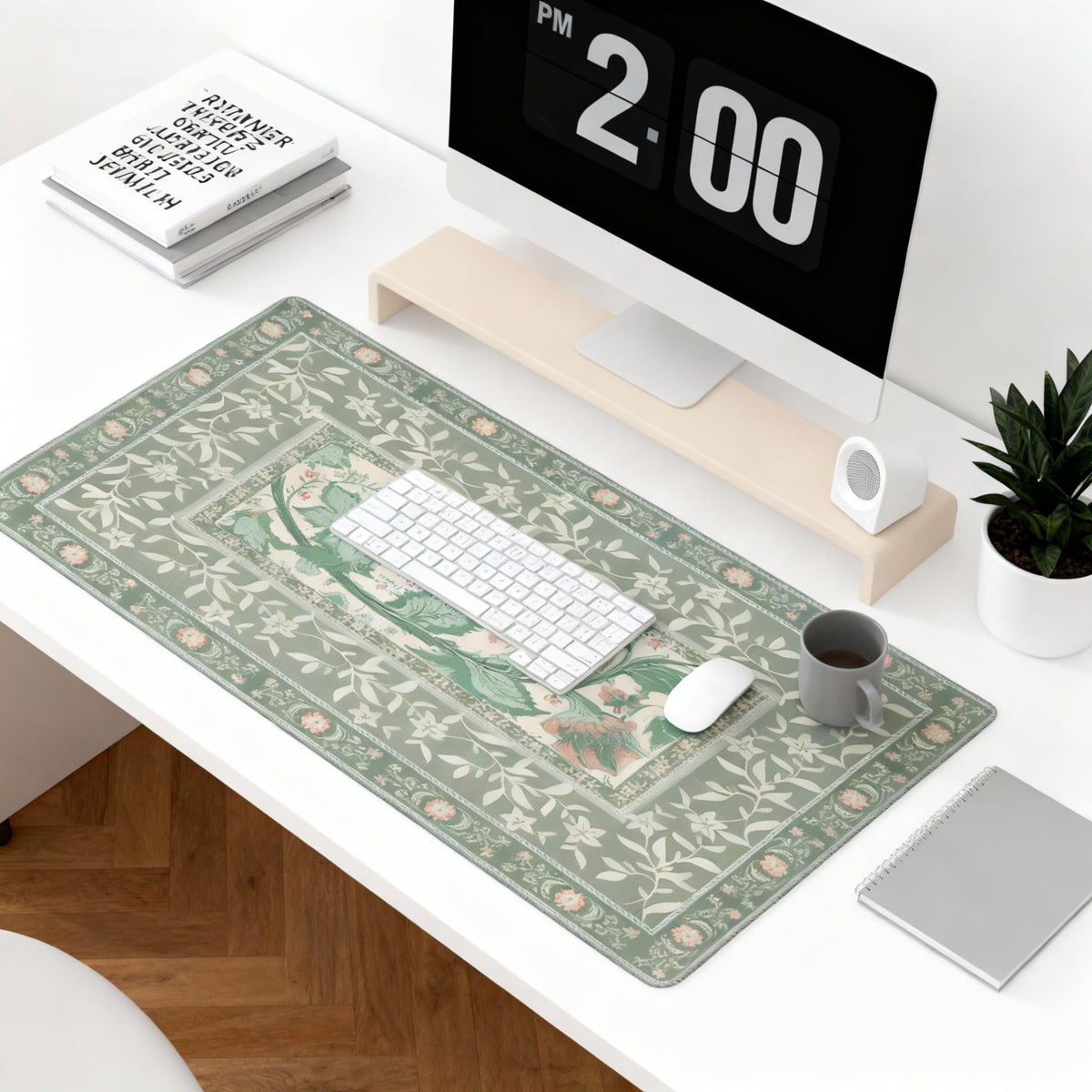 Sage Green Floral XXL Desk Pad Mat - Extra Large Mouse Pad with Anti-Slip Base & Stitched Edges for